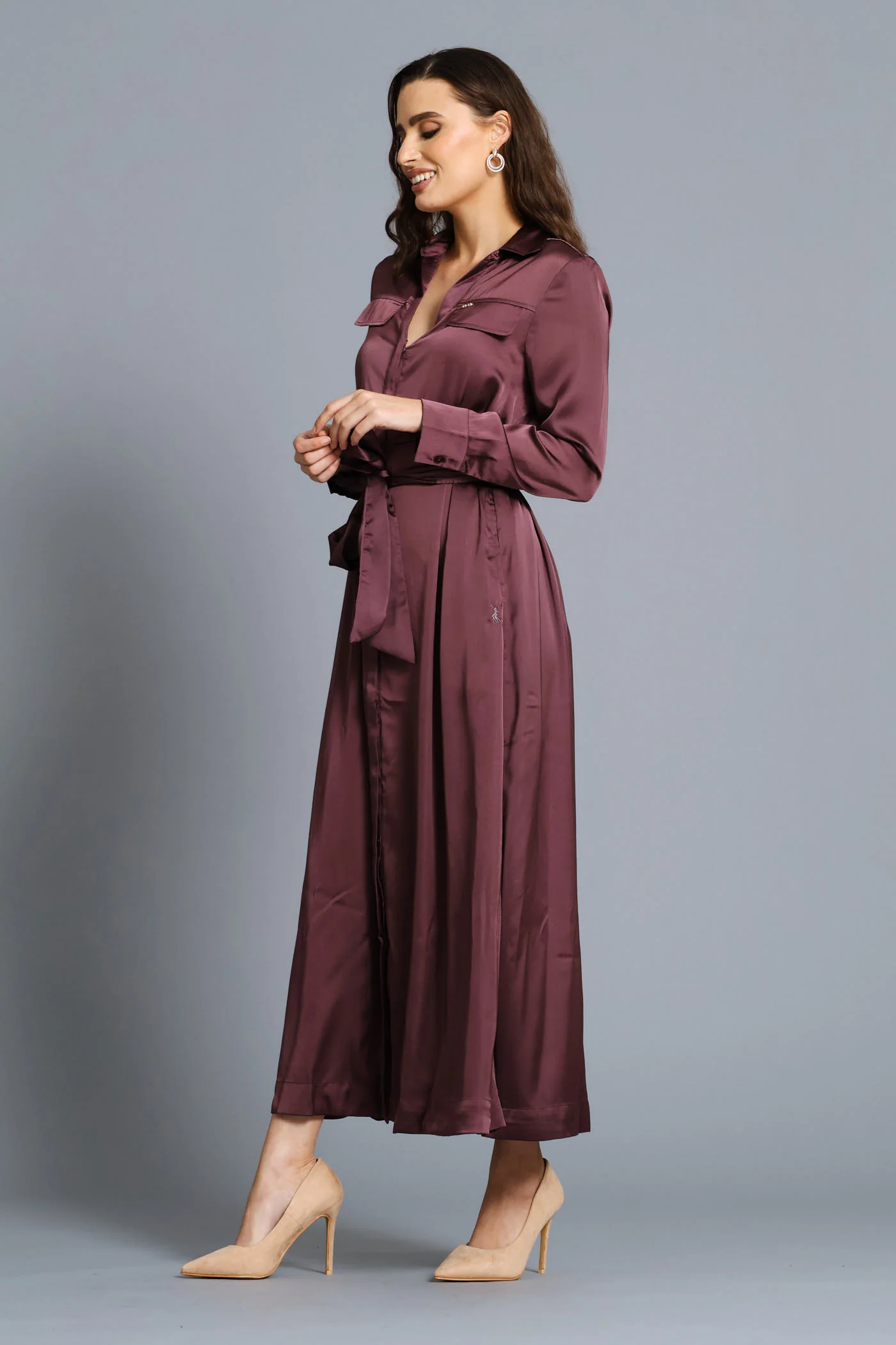 Lara Satin Long Sleeve Shirt Dress - Image 3