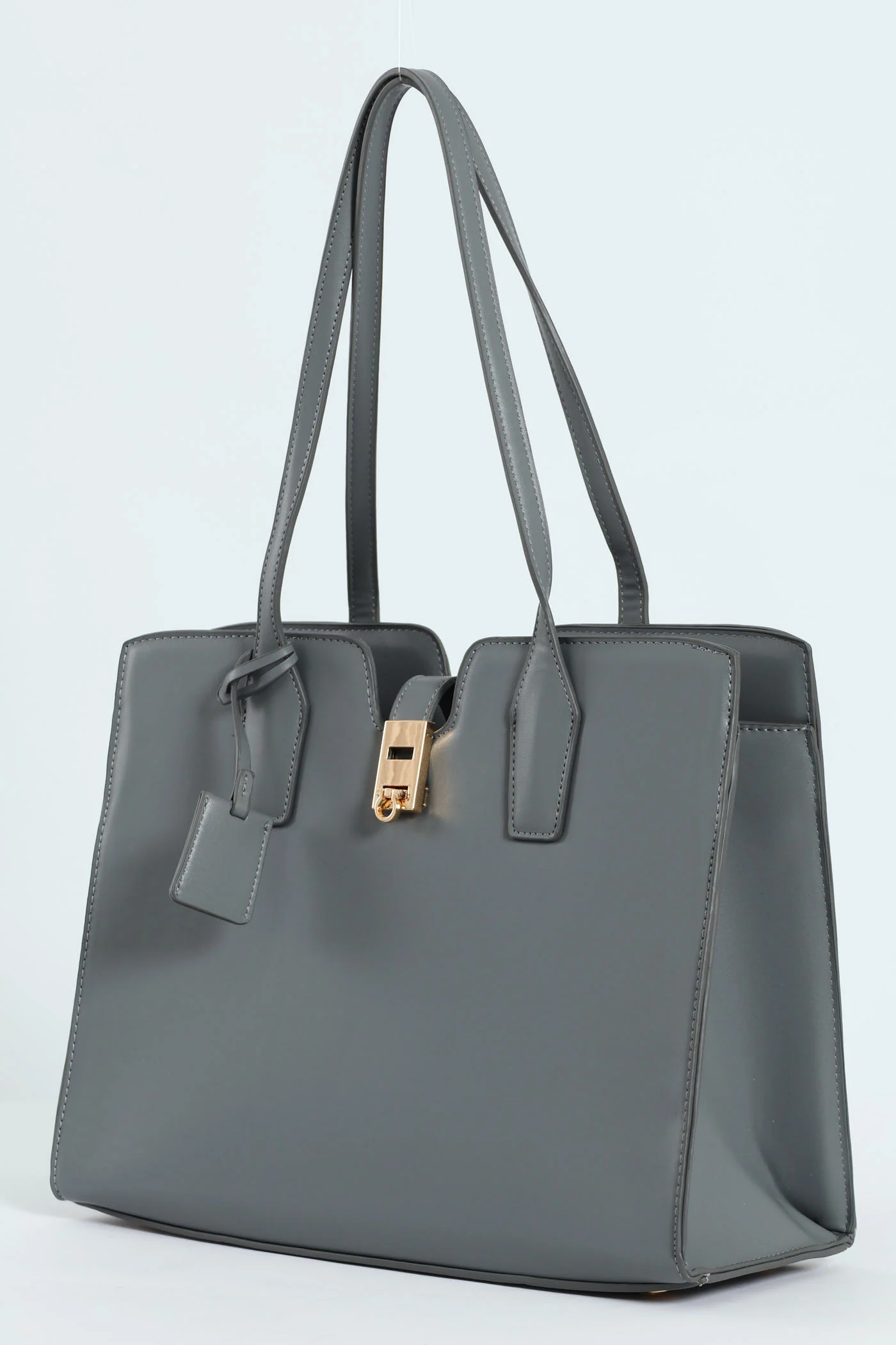 Large Gold Clasp Square Tote Bag - Grey - Image 4