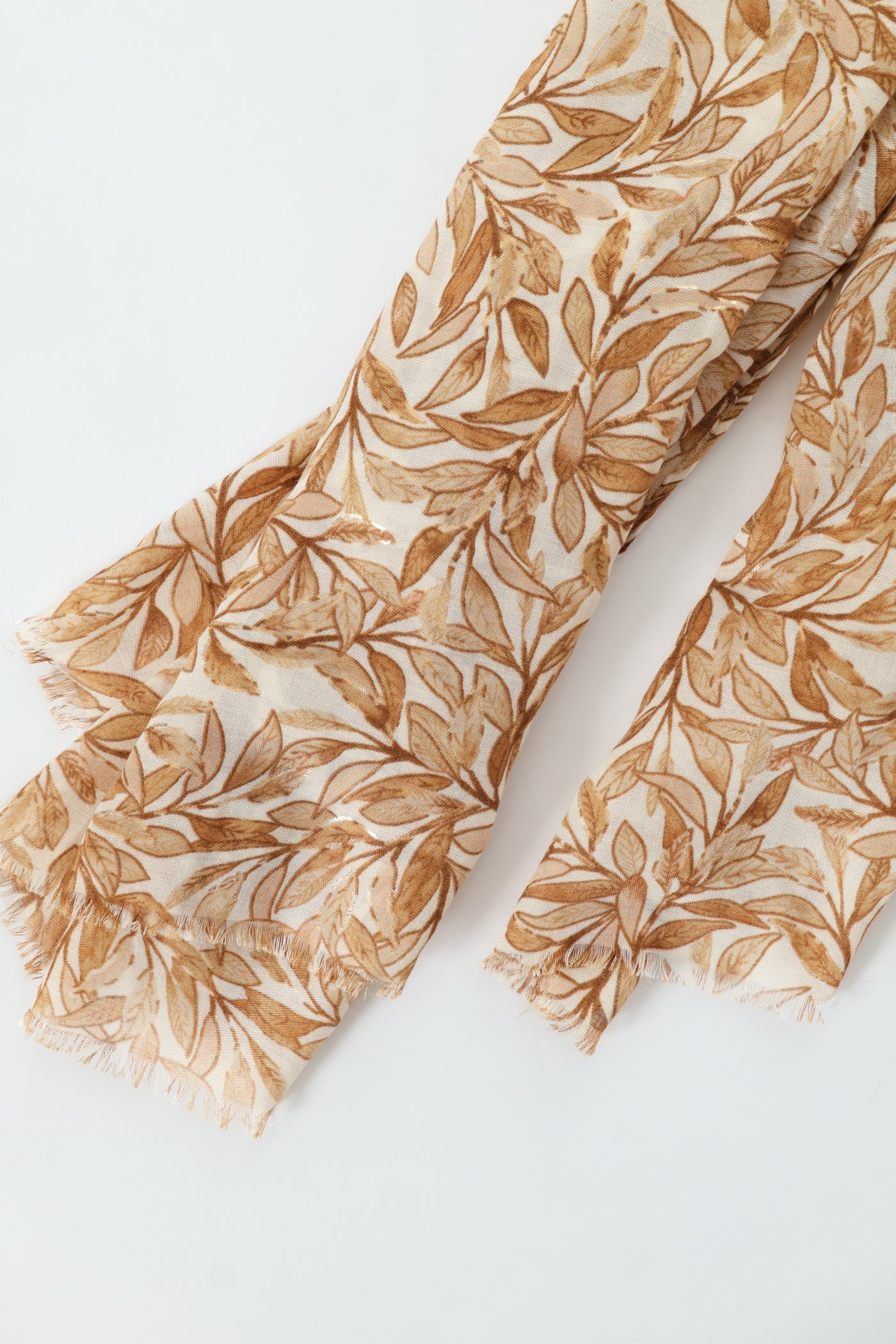 Leaf Print Gold Foil Scarf - Beige - Image 3