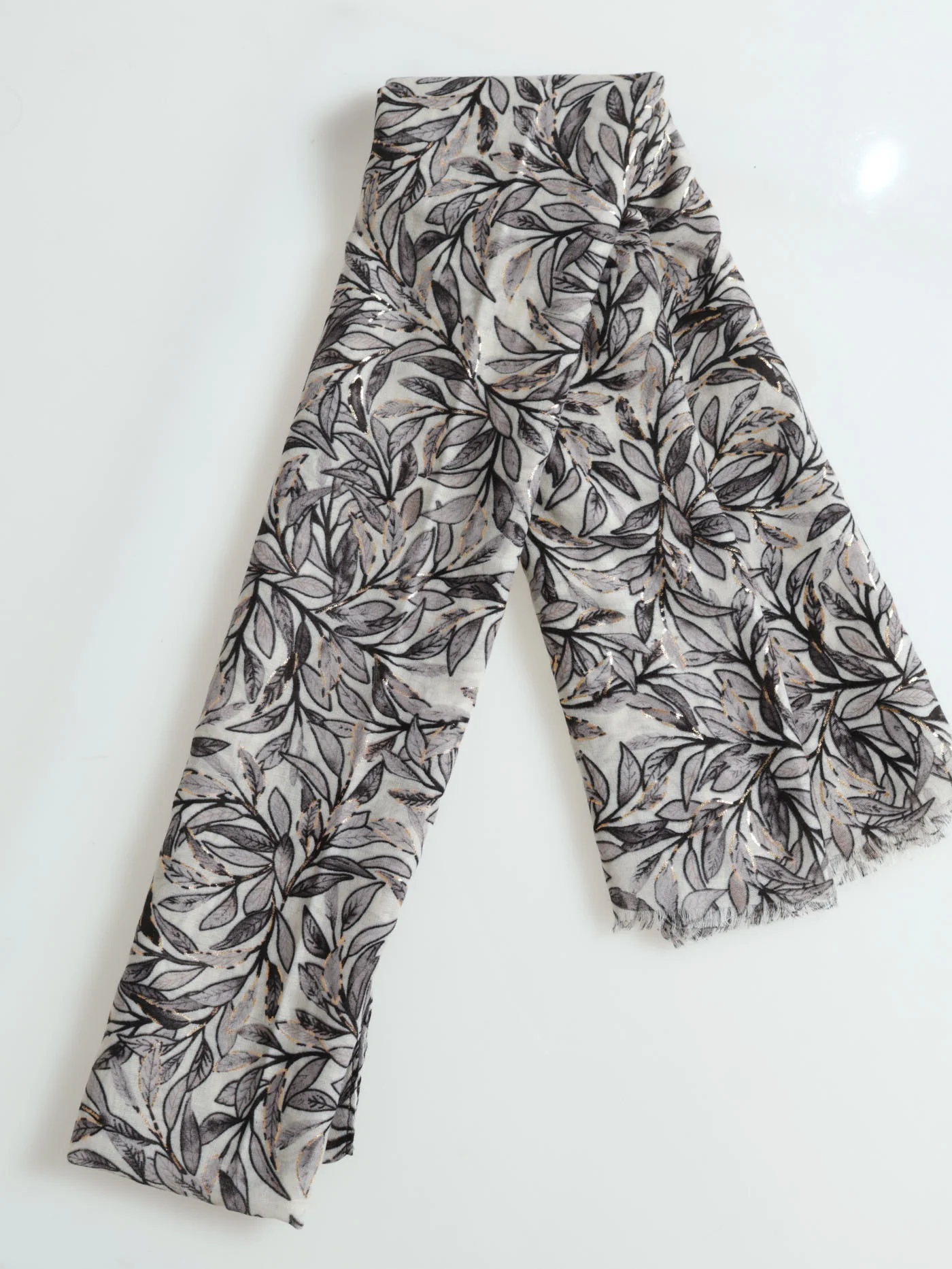 Leaf Print Gold Foil Scarf - Grey - Image 2