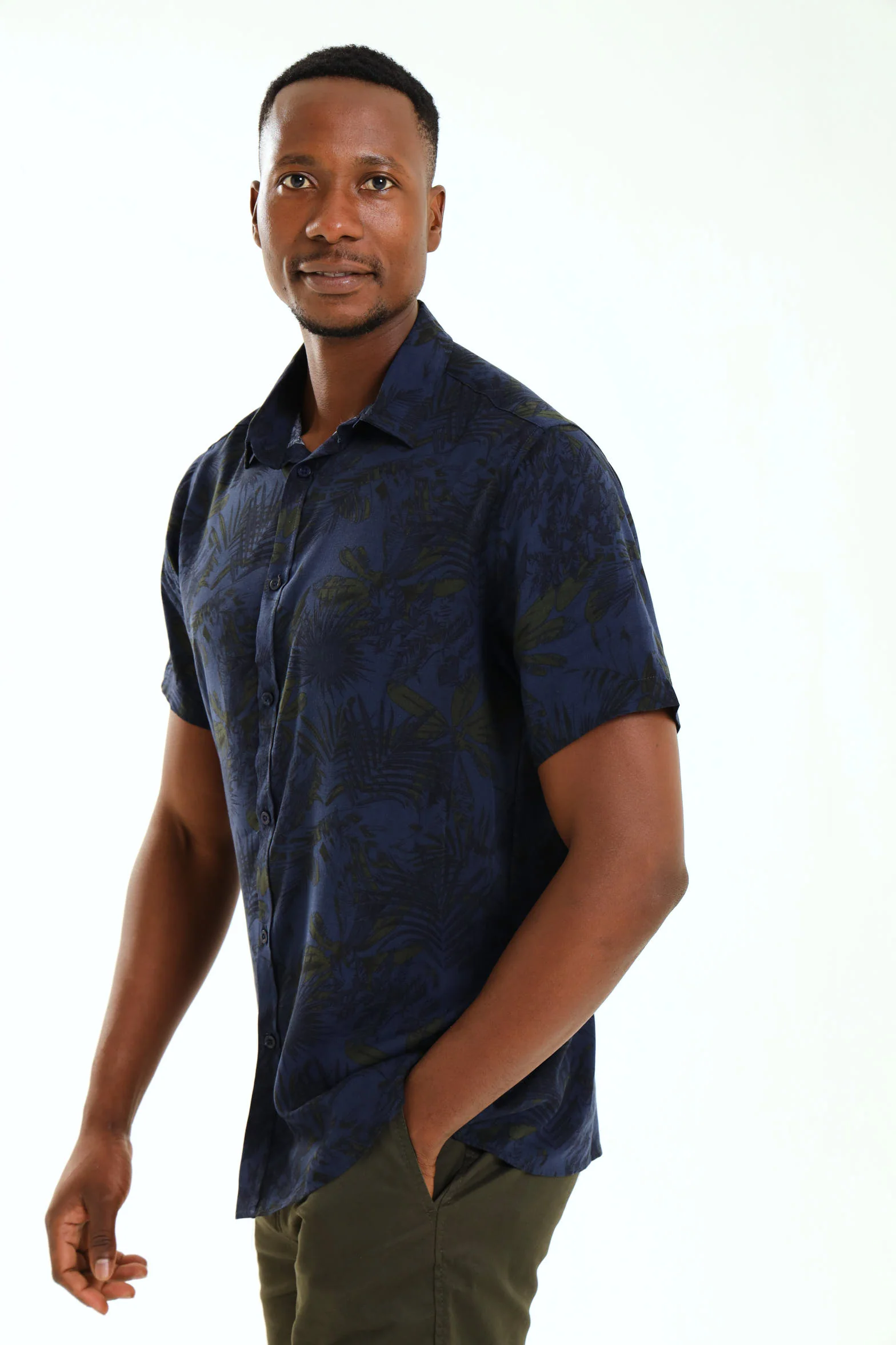 Leaf Print Shirt - Navy - Image 3