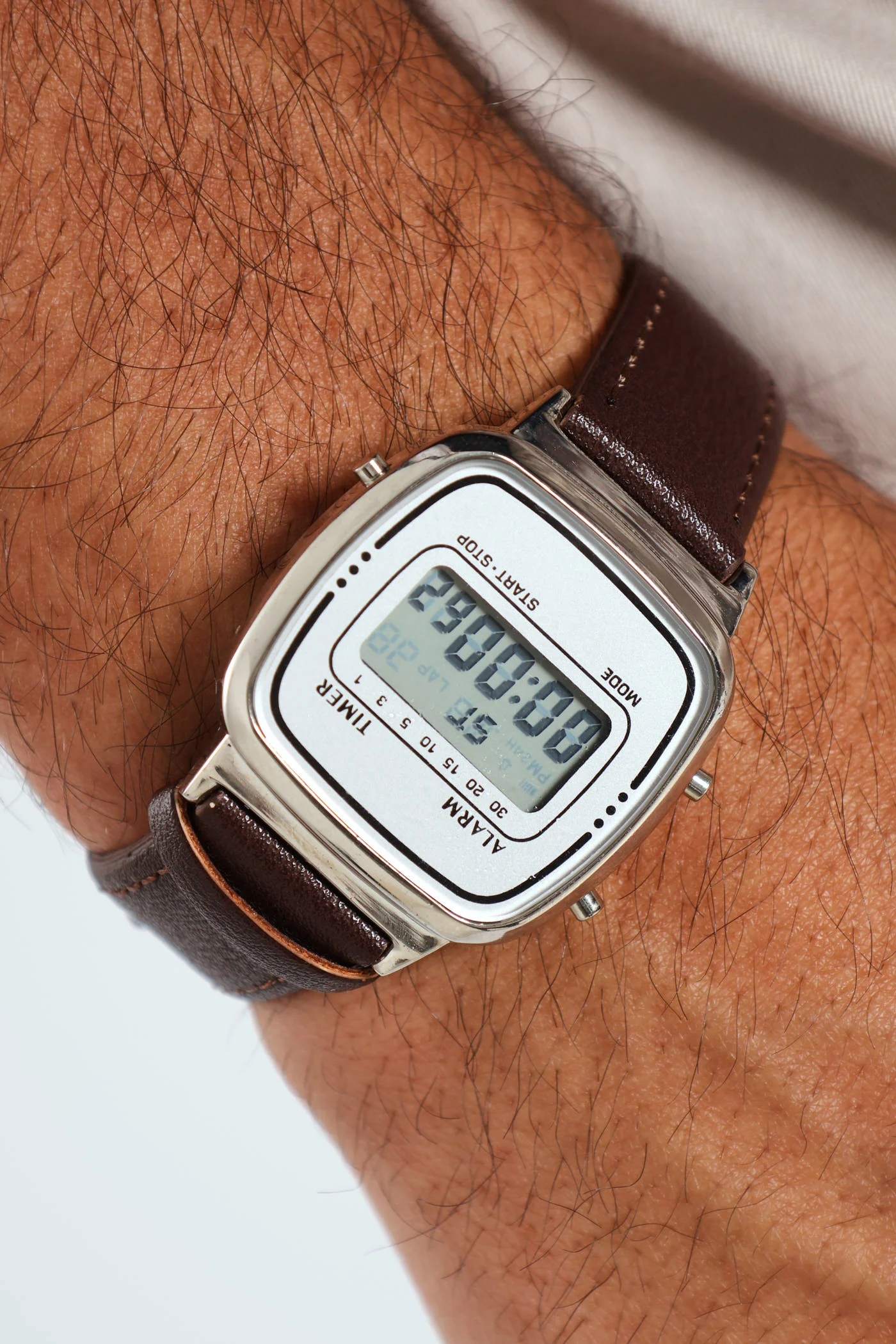 Leather Silver Digital Watch - Brown - Image 3