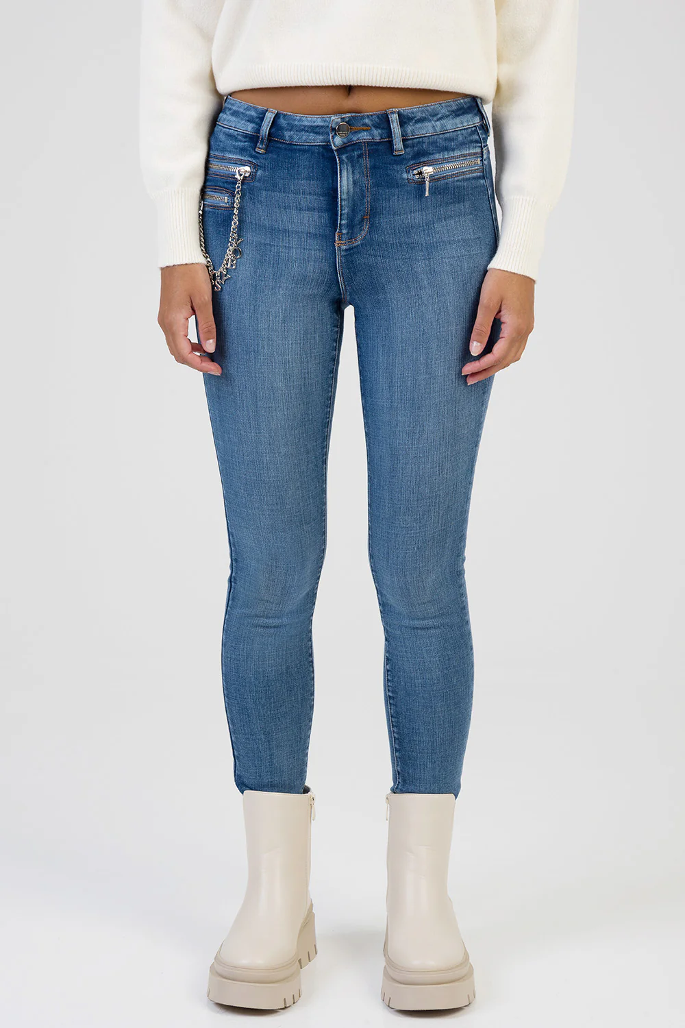 Lena Zip & Chain Detail Mid Wasit Skinny Denim - Dark Wash - Image 3