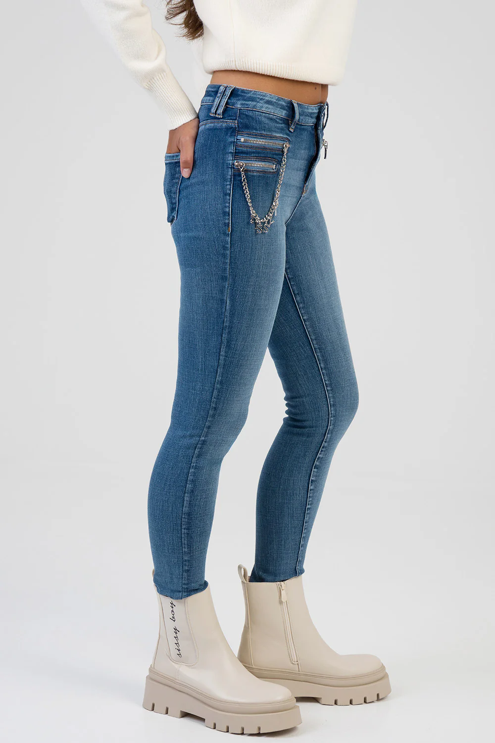 Lena Zip & Chain Detail Mid Wasit Skinny Denim - Dark Wash - Image 4