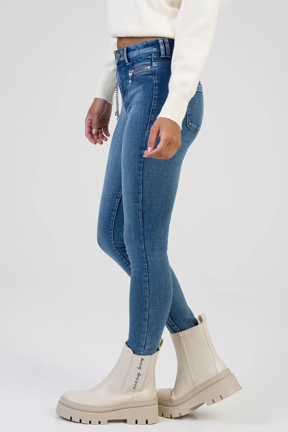 Lena Zip & Chain Detail Mid Wasit Skinny Denim - Dark Wash - Image 6