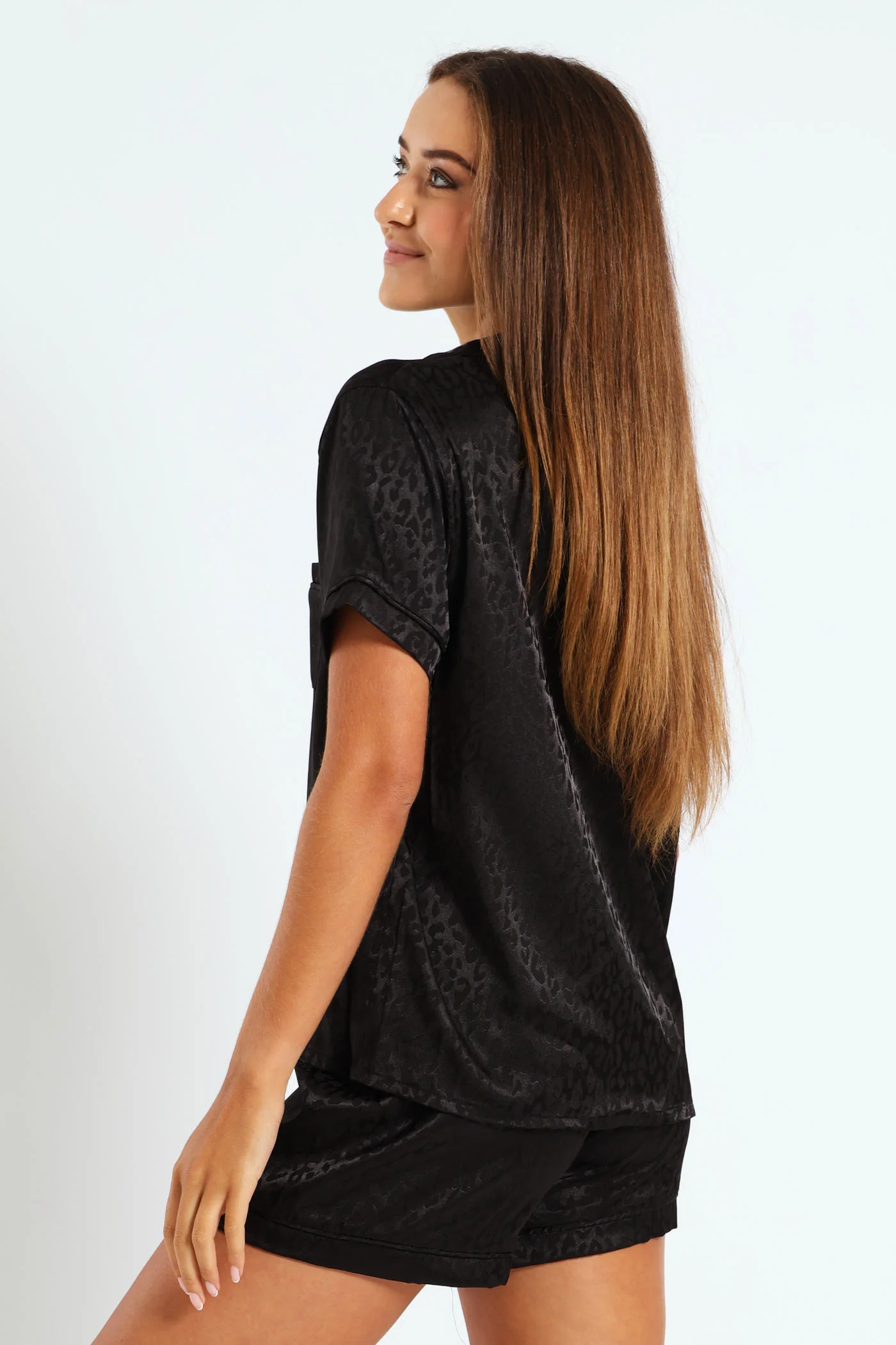 Leopard Embossed Button Through & Short Set - Black - Image 3