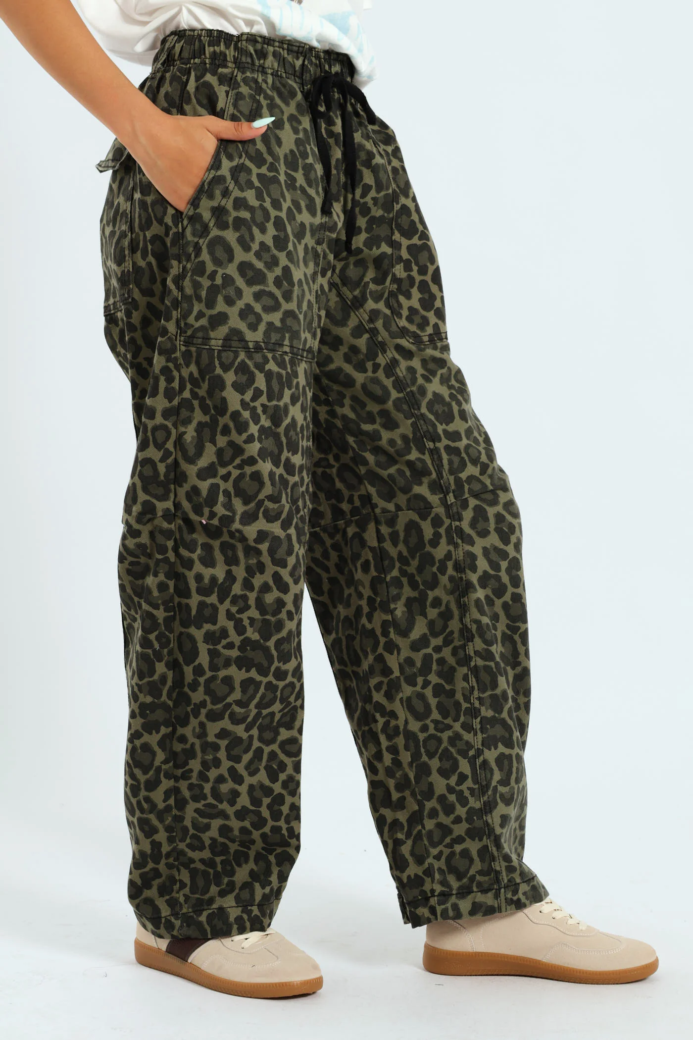 Leopard Print Barrel Pants - Green - Image 3