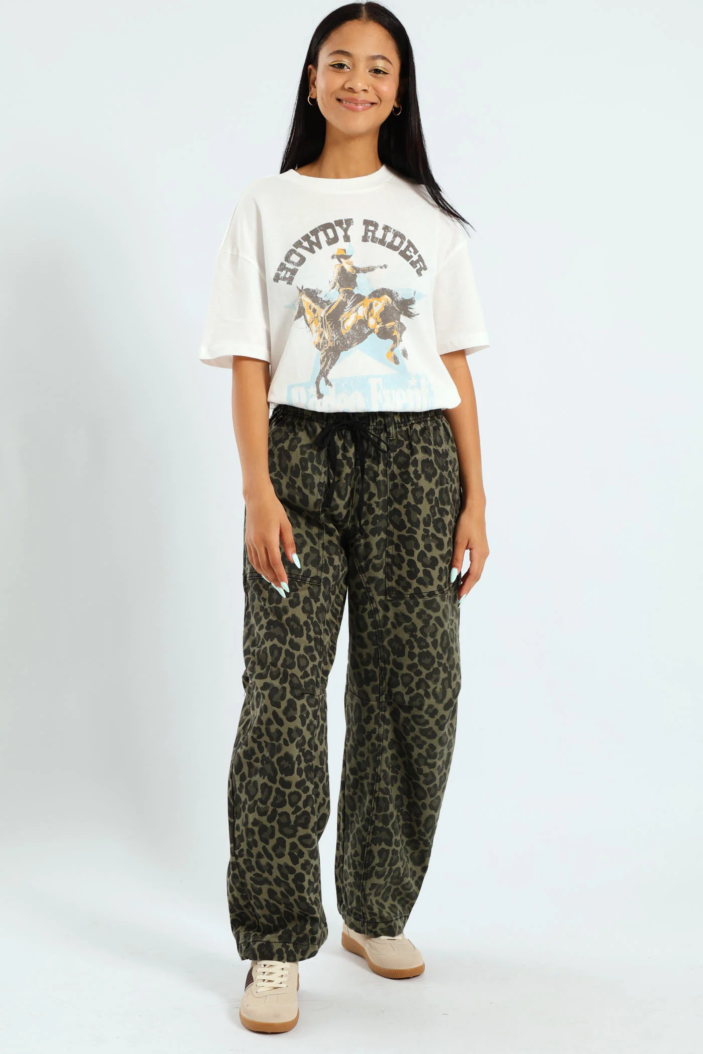 Leopard Print Barrel Pants - Green - Image 5