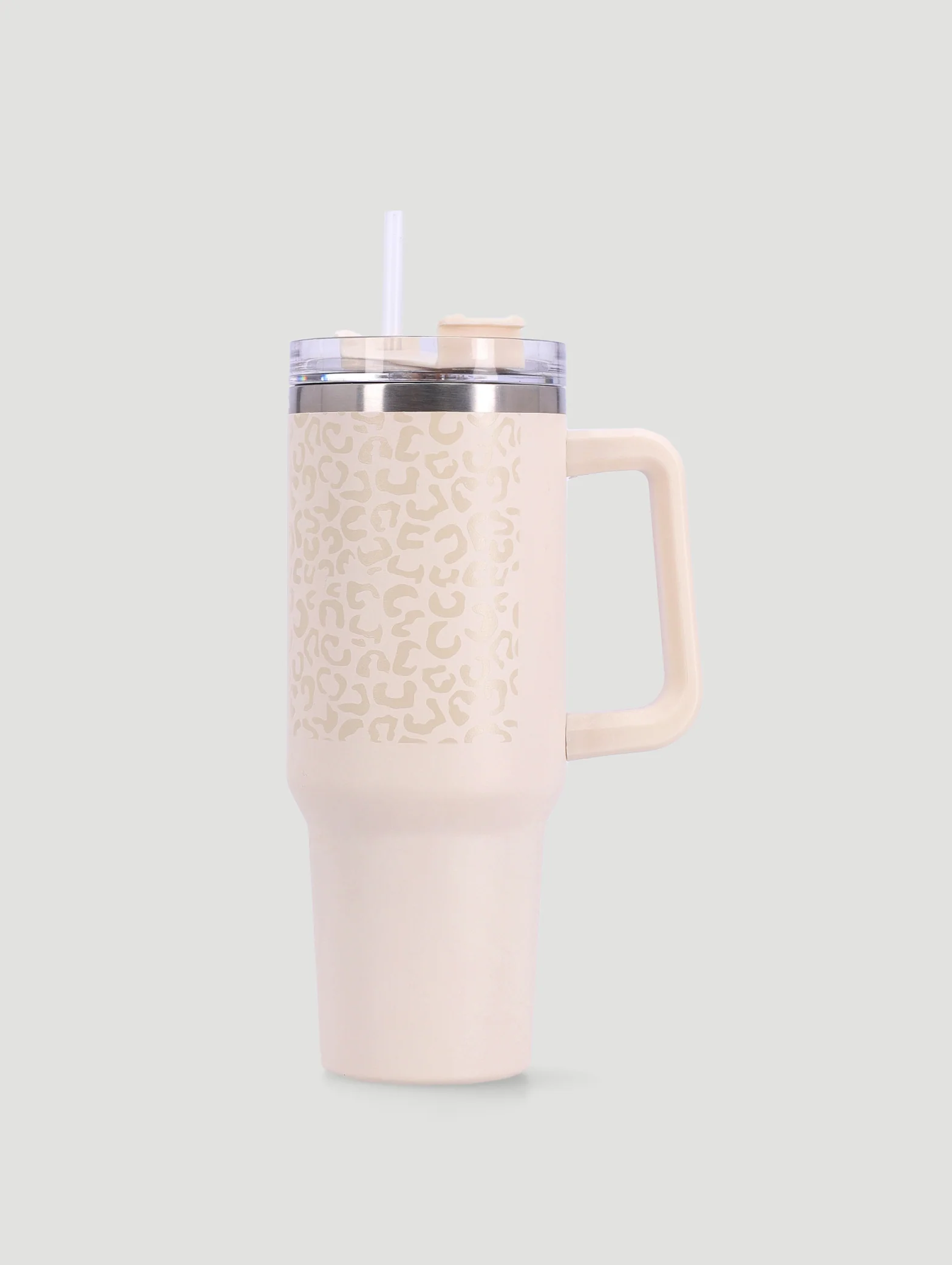 Leopard Printed Large Steel Tumbler with Handle and Straw - 1.2L - Image 2