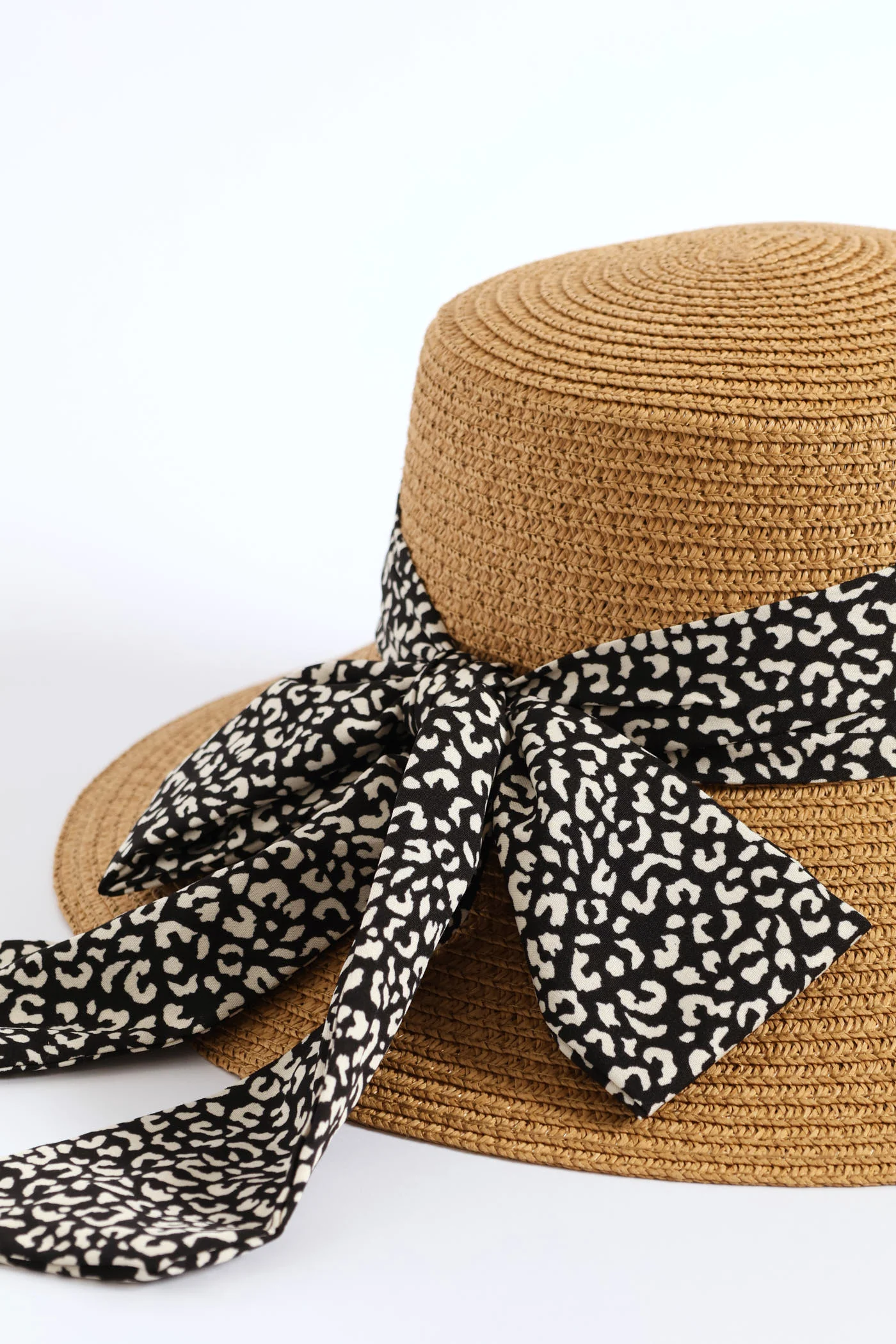 Leopard Ribbon Turned Down Straw Hat - Tan - Image 2