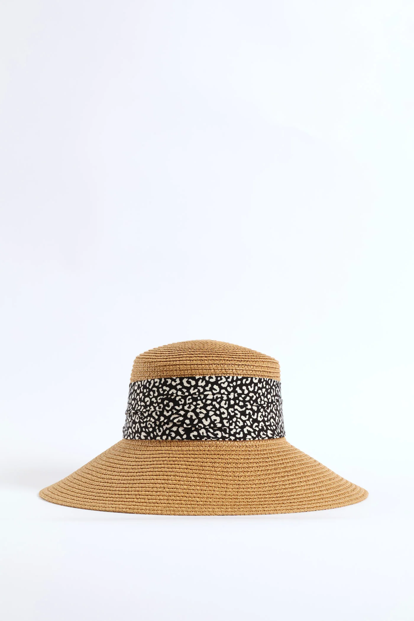 Leopard Ribbon Turned Down Straw Hat - Tan - Image 3