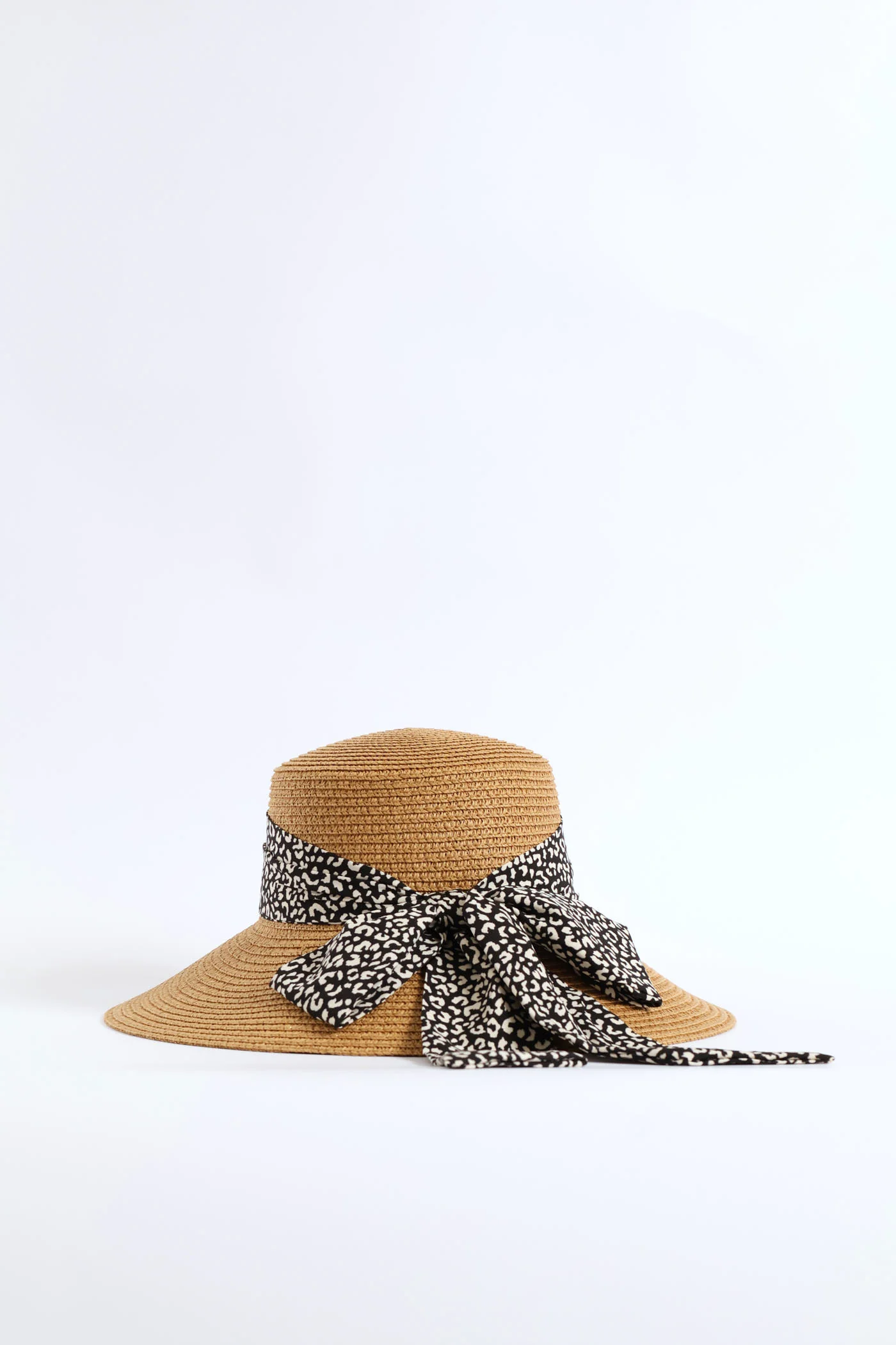 Leopard Ribbon Turned Down Straw Hat - Tan - Image 4