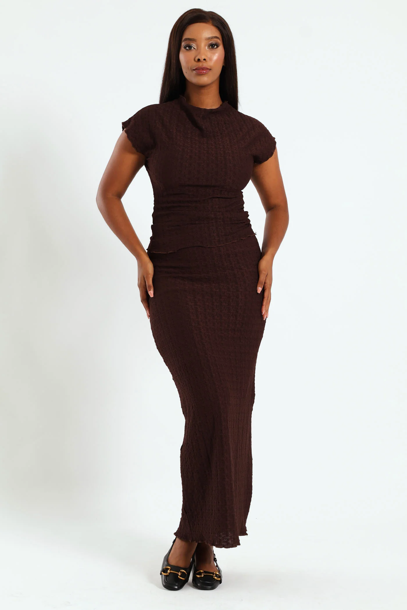 Lettuce Hem Crinkle Knit Top - Dark Brown - Image 2