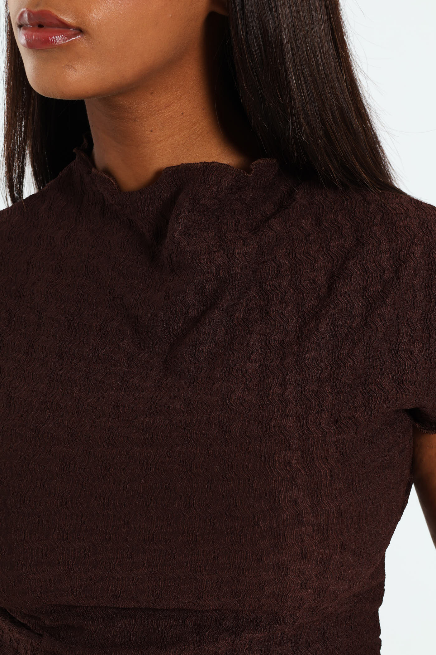 Lettuce Hem Crinkle Knit Top - Dark Brown - Image 5