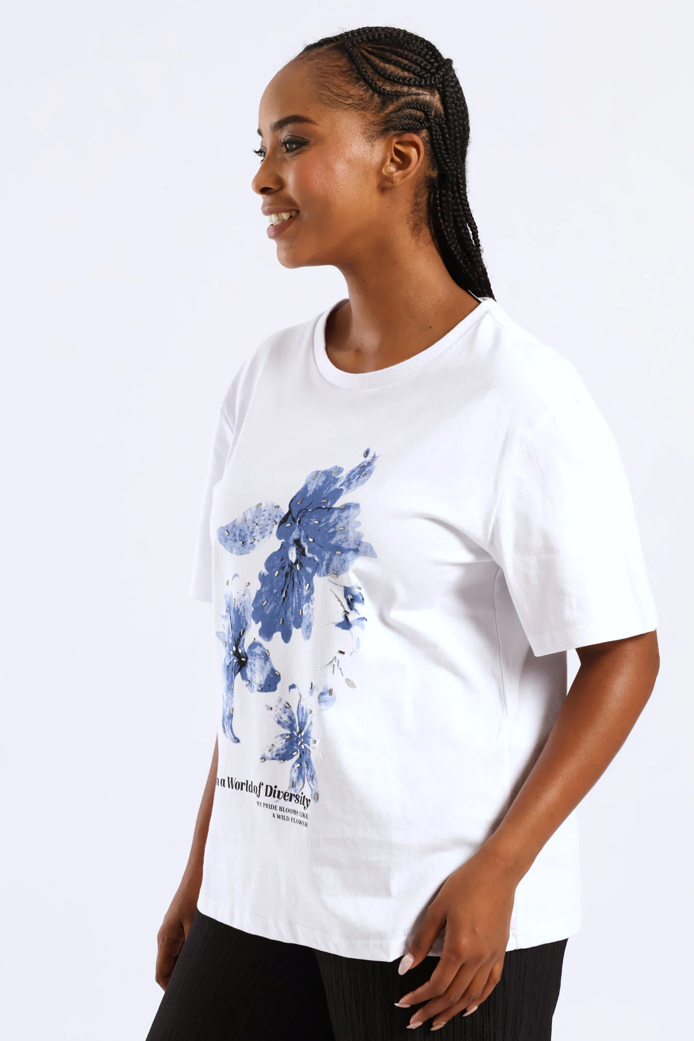 Lilly Diamante Rib Neck Tee - White/Blue - Image 3