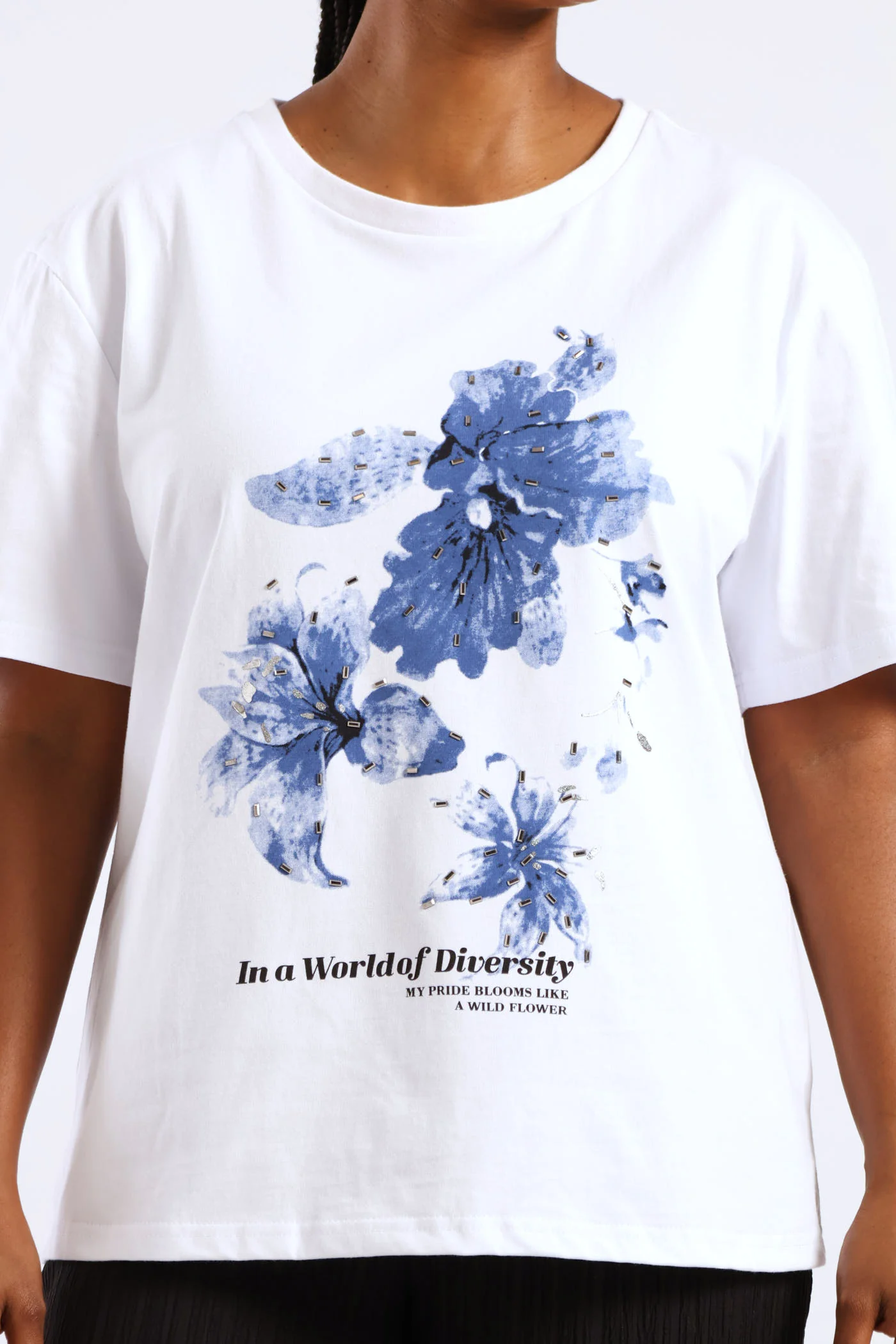 Lilly Diamante Rib Neck Tee - White/Blue - Image 4