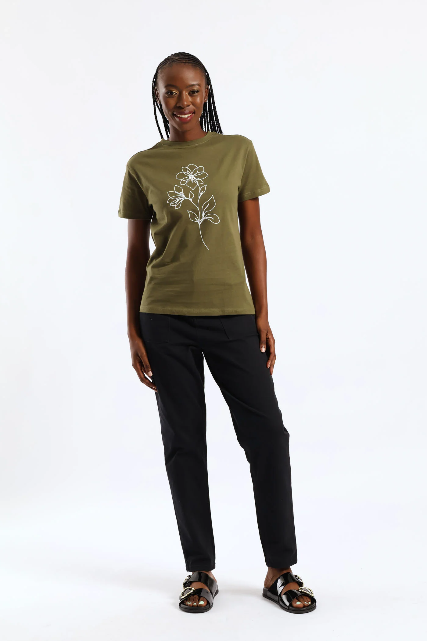 Line Art Flower Tee - Dark Fatigue - Image 4
