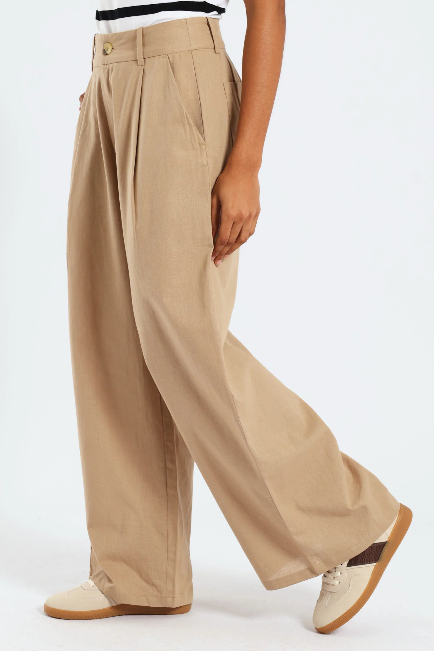 Linen Tailored Wide Leg Pants - Tan - Image 2