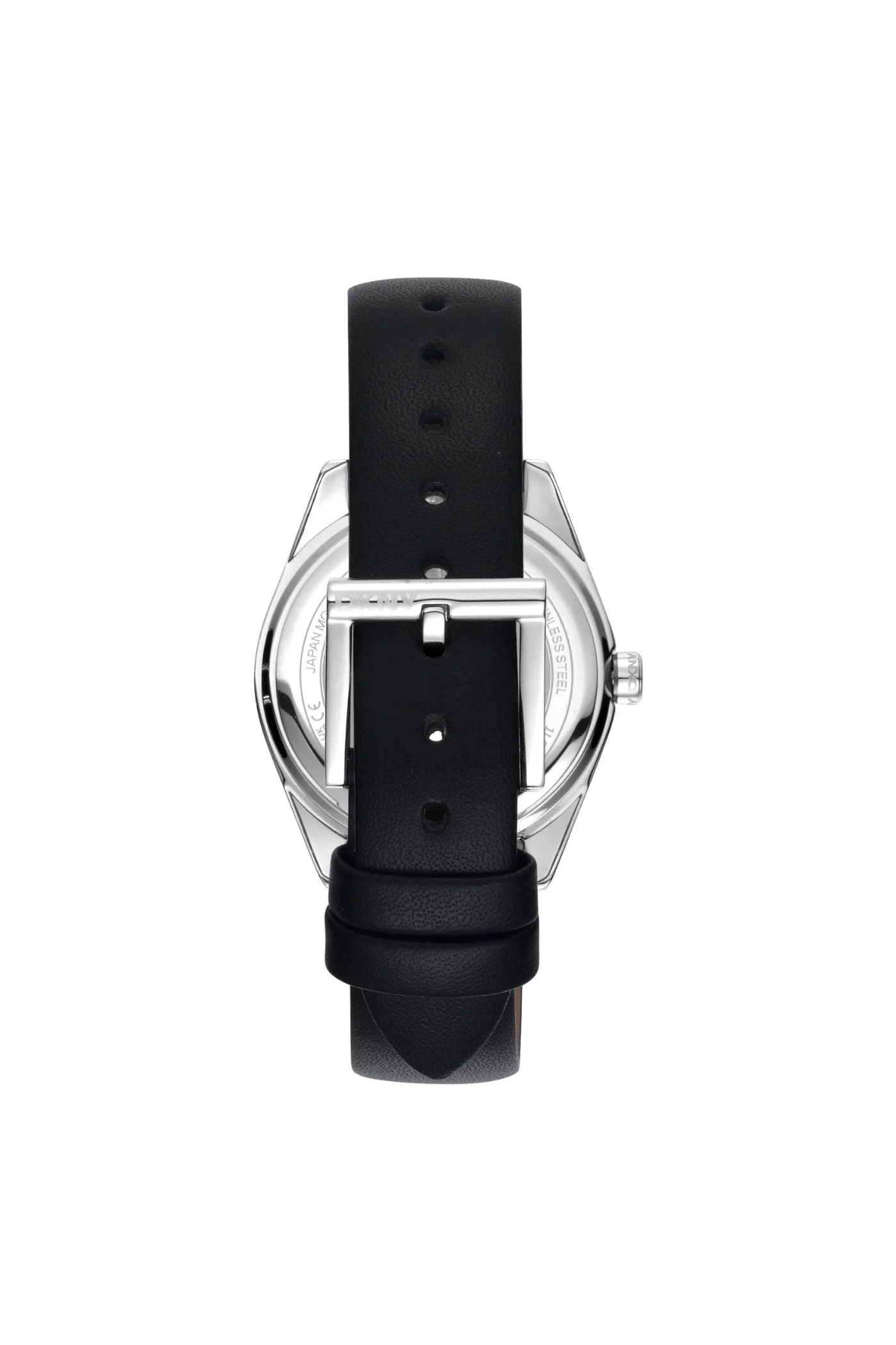 Logo Stainless Steel Case & Silver White Dial Watch With Black Leather Strap - Black - Image 2
