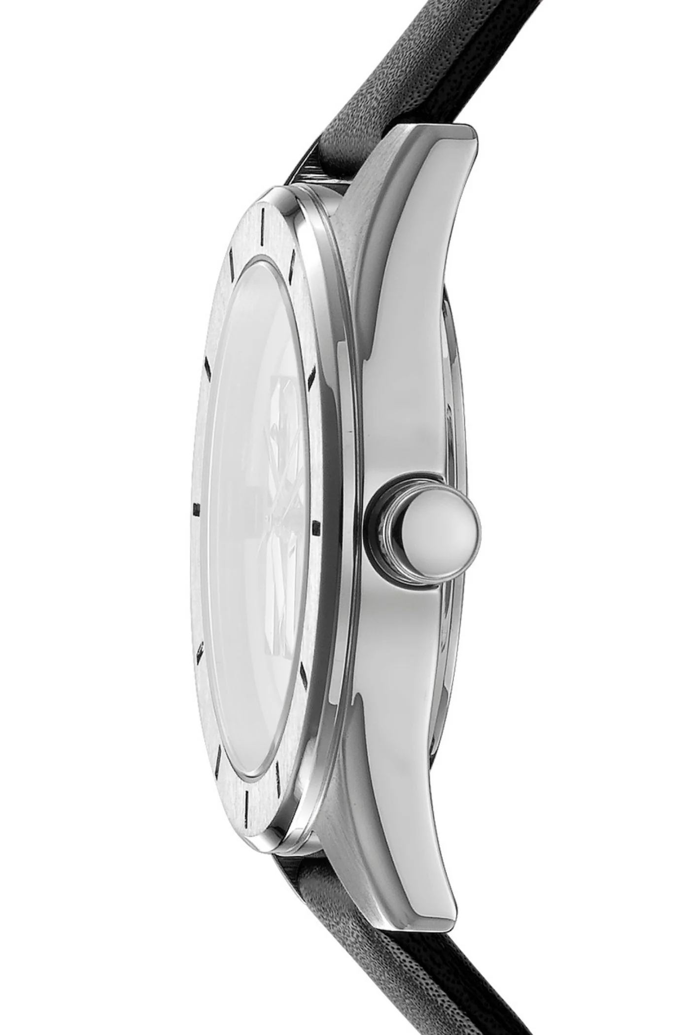 Logo Stainless Steel Case & Silver White Dial Watch With Black Leather Strap - Black - Image 3