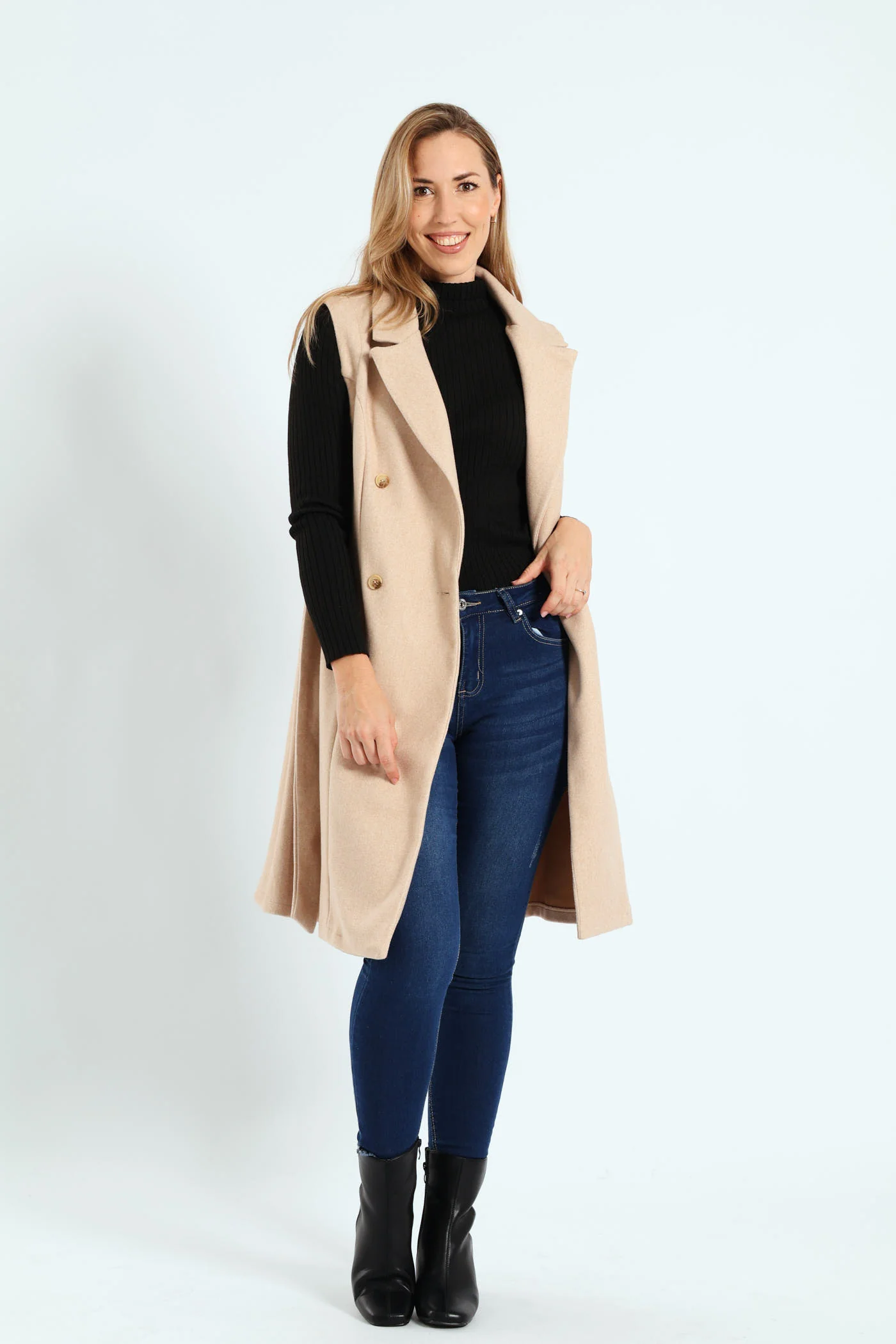 Long Length Belted Melton Gilet - Chestnut - Image 4