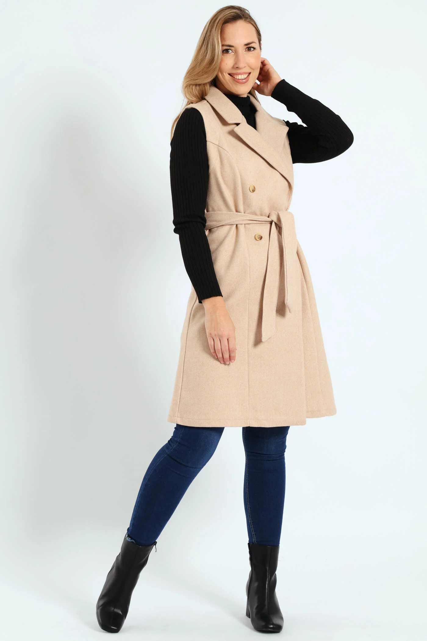 Long Length Belted Melton Gilet - Chestnut - Image 6