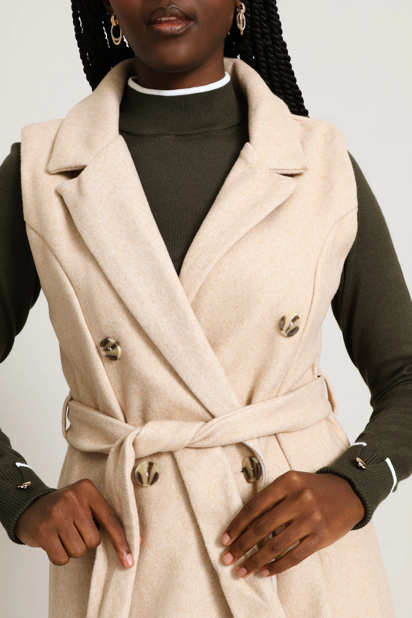 Long Length Belted Melton Gilet - Oatmeal Melange - Image 2