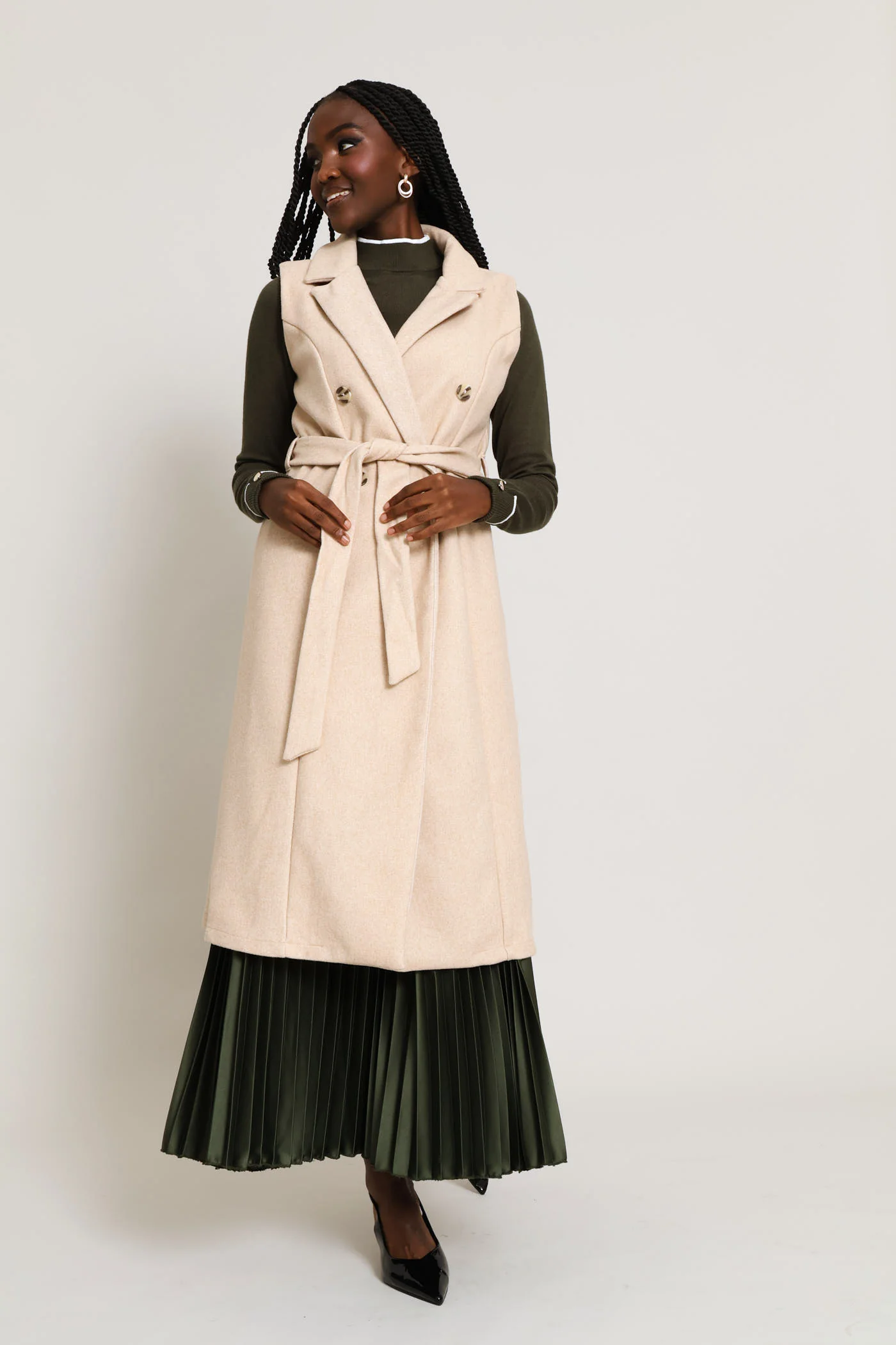 Long Length Belted Melton Gilet - Oatmeal Melange - Image 3