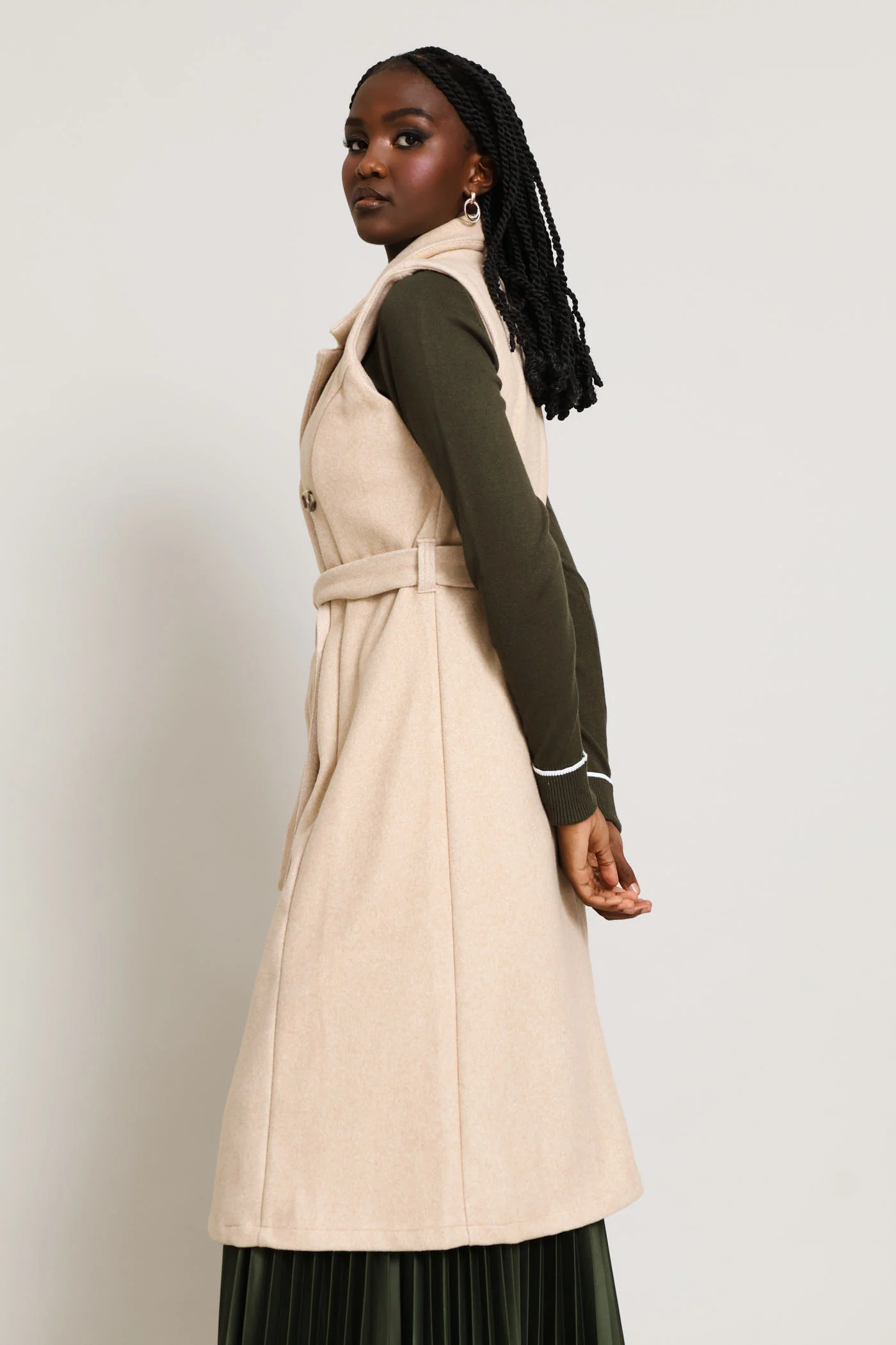Long Length Belted Melton Gilet - Oatmeal Melange - Image 4