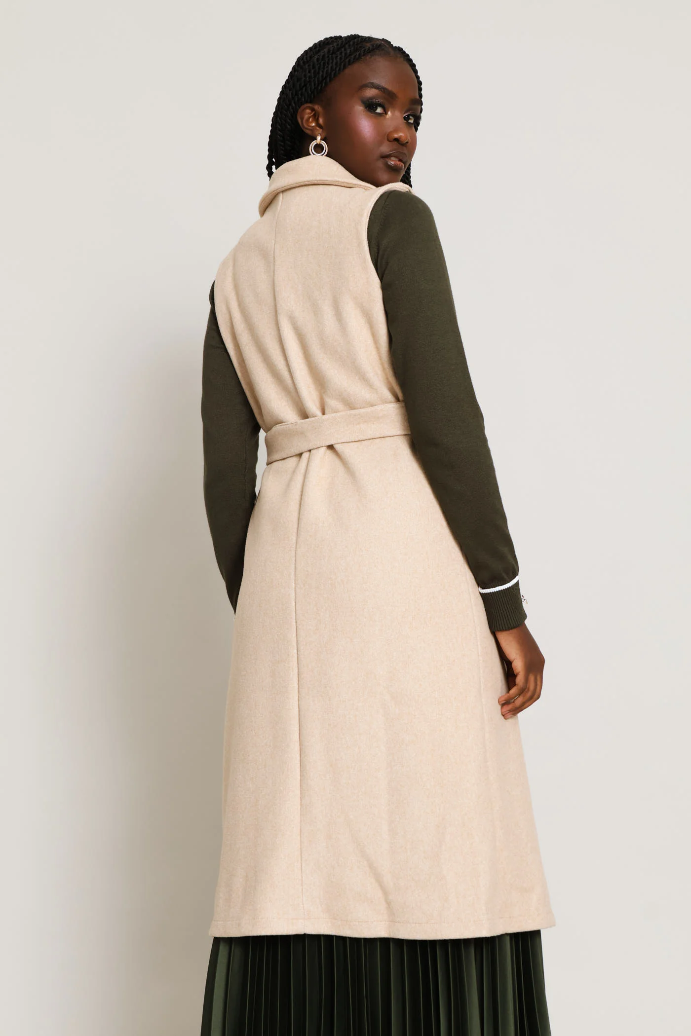 Long Length Belted Melton Gilet - Oatmeal Melange - Image 5