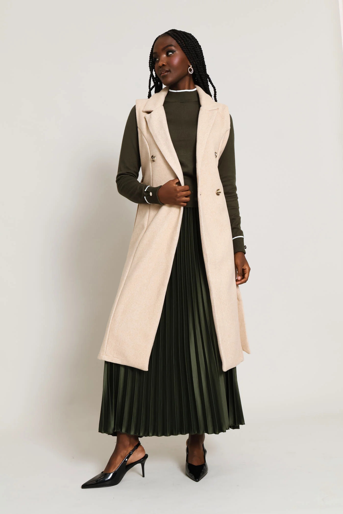 Long Length Belted Melton Gilet - Oatmeal Melange - Image 6