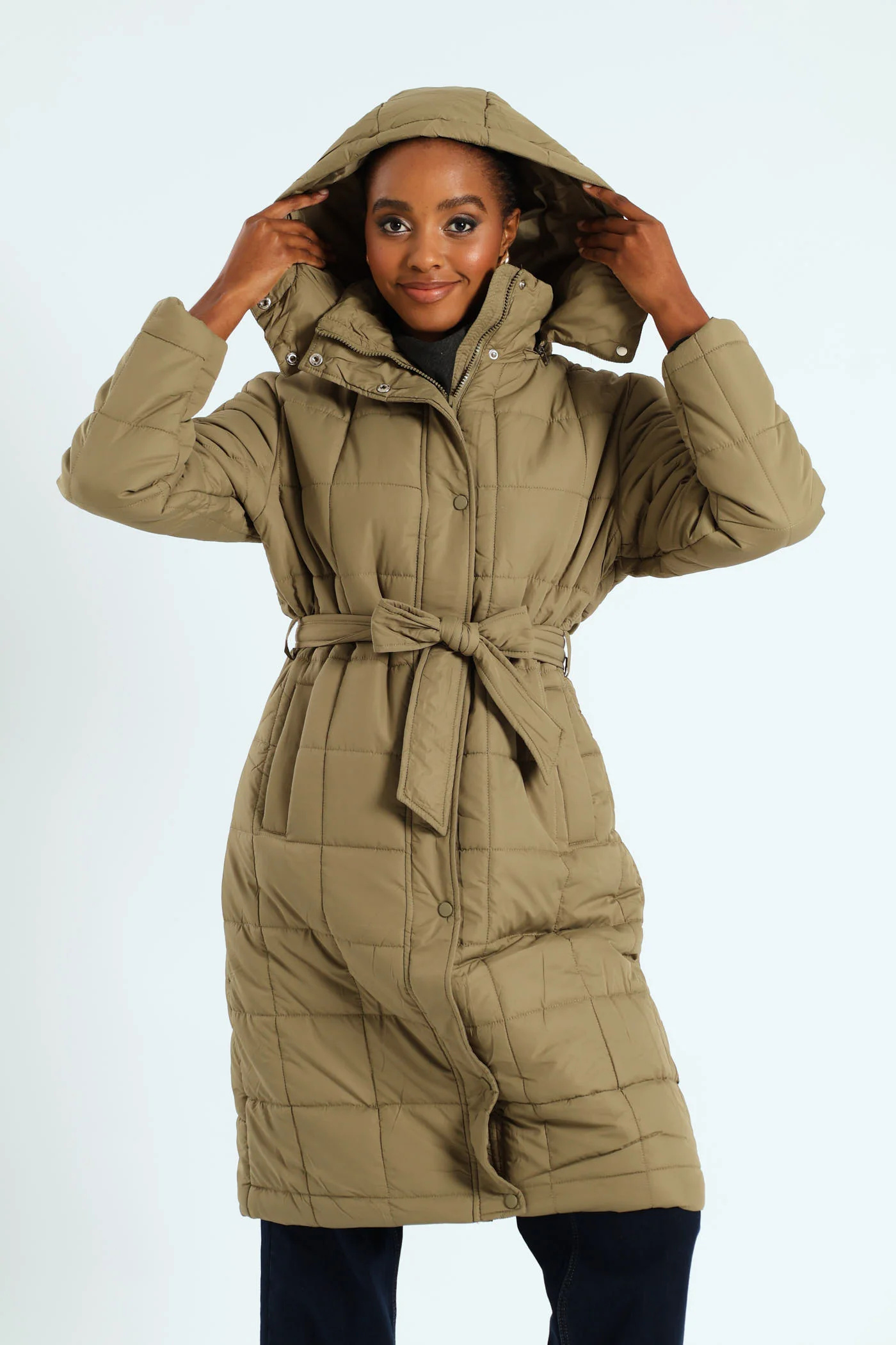 Long Length Belted Padded Puffer Jacket - Green - Image 2