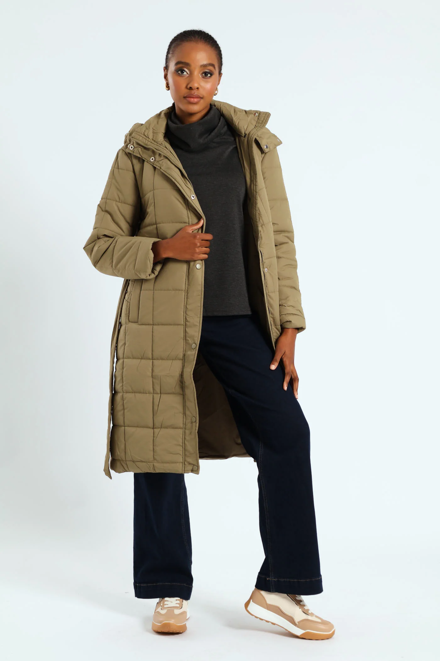 Long Length Belted Padded Puffer Jacket - Green - Image 3