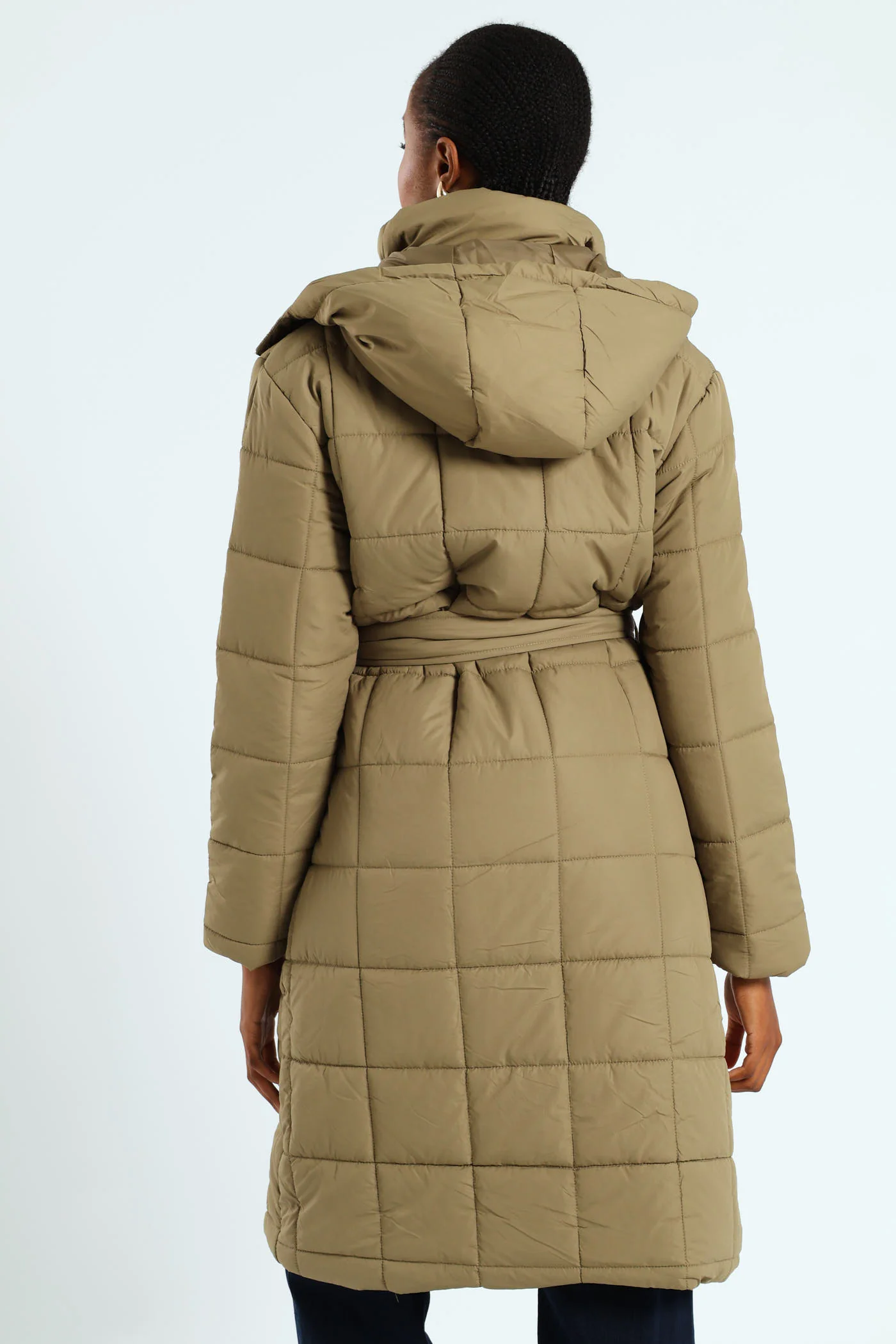 Long Length Belted Padded Puffer Jacket - Green - Image 4