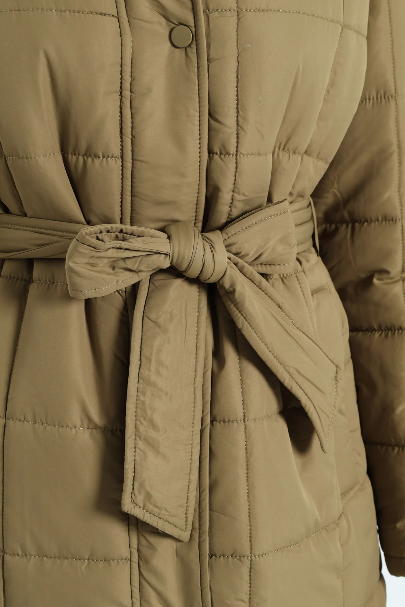 Long Length Belted Padded Puffer Jacket - Green - Image 5