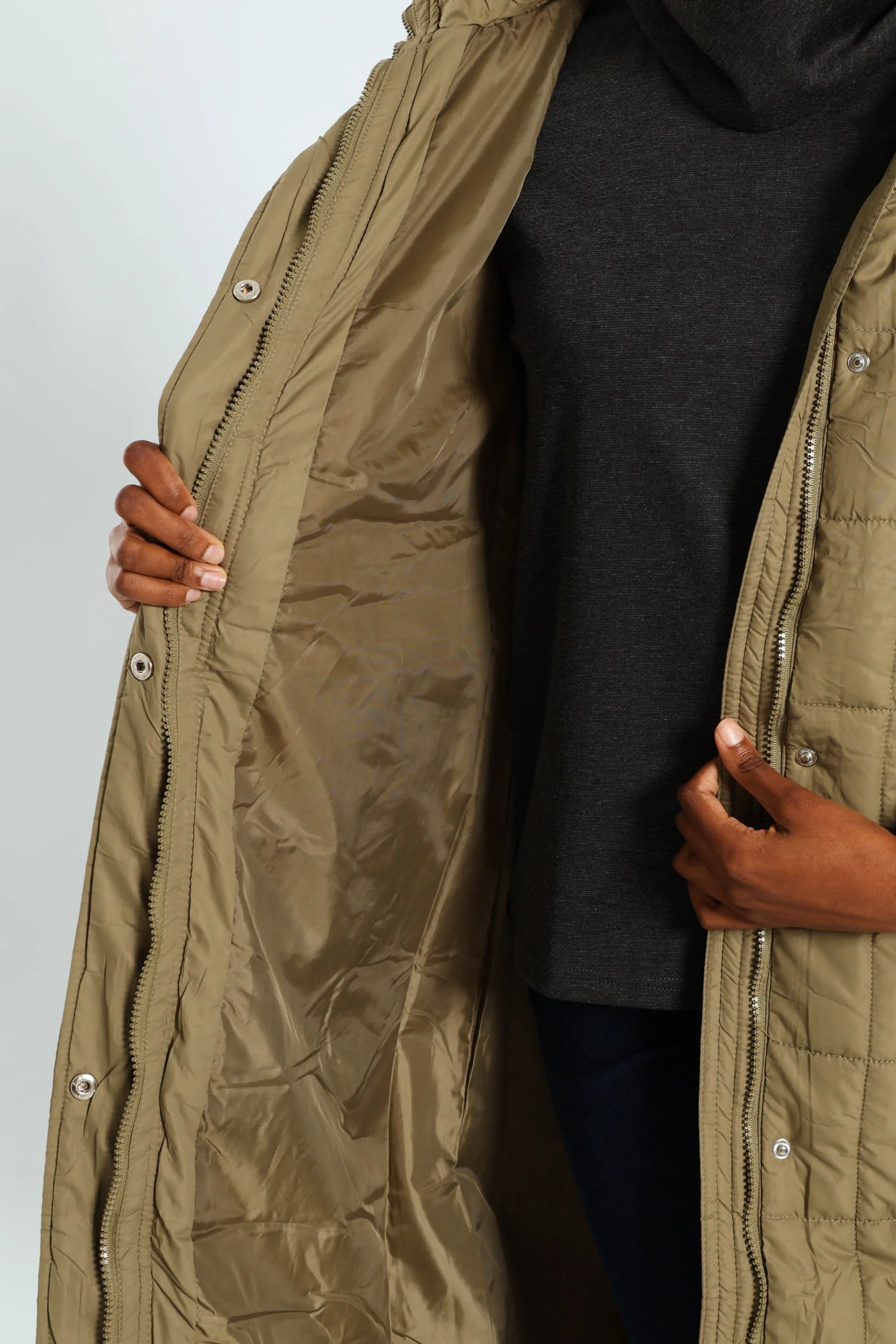 Long Length Belted Padded Puffer Jacket - Green - Image 6