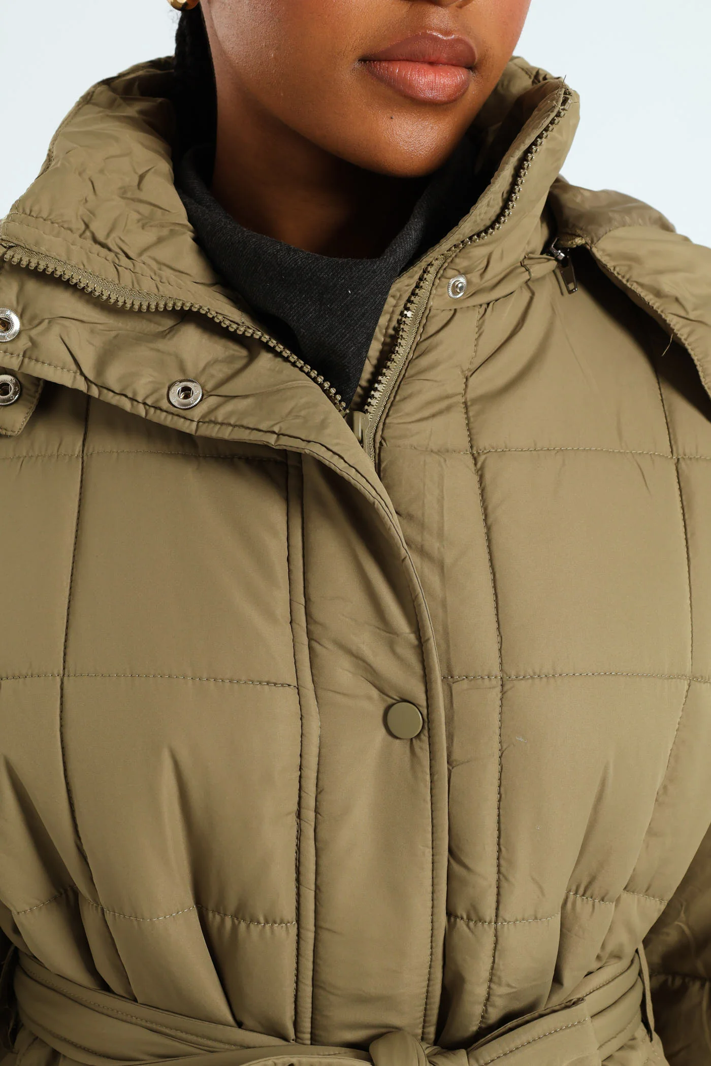 Long Length Belted Padded Puffer Jacket - Green - Image 7