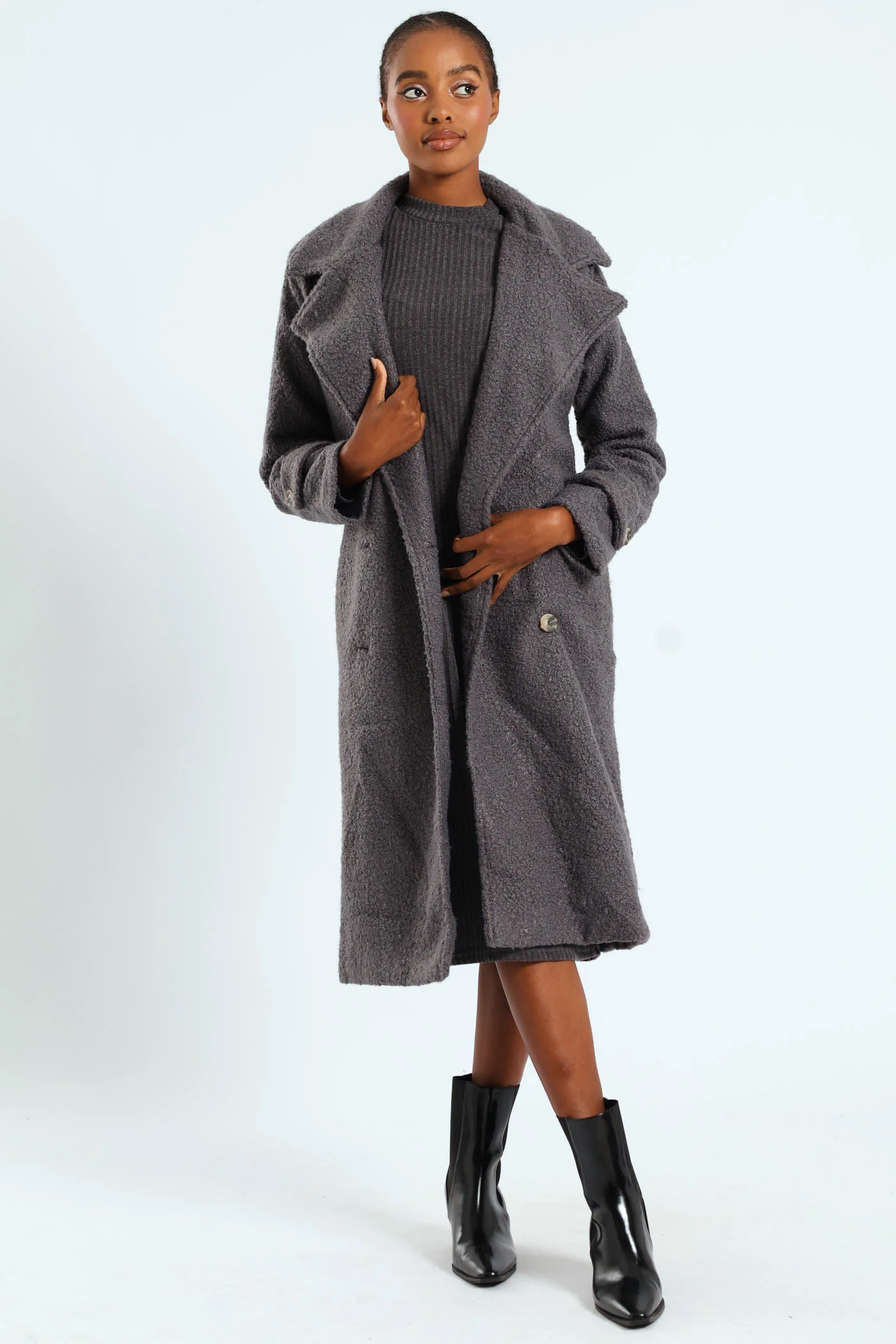 Long Length Boucle Coat With Lining - Grey - Image 3