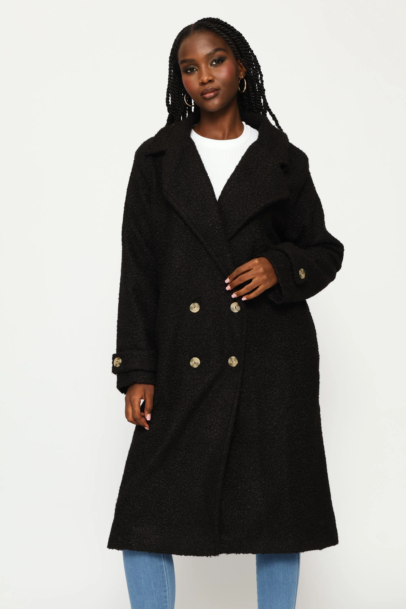 Long Length Boucle Lined Coat - Black - Image 2