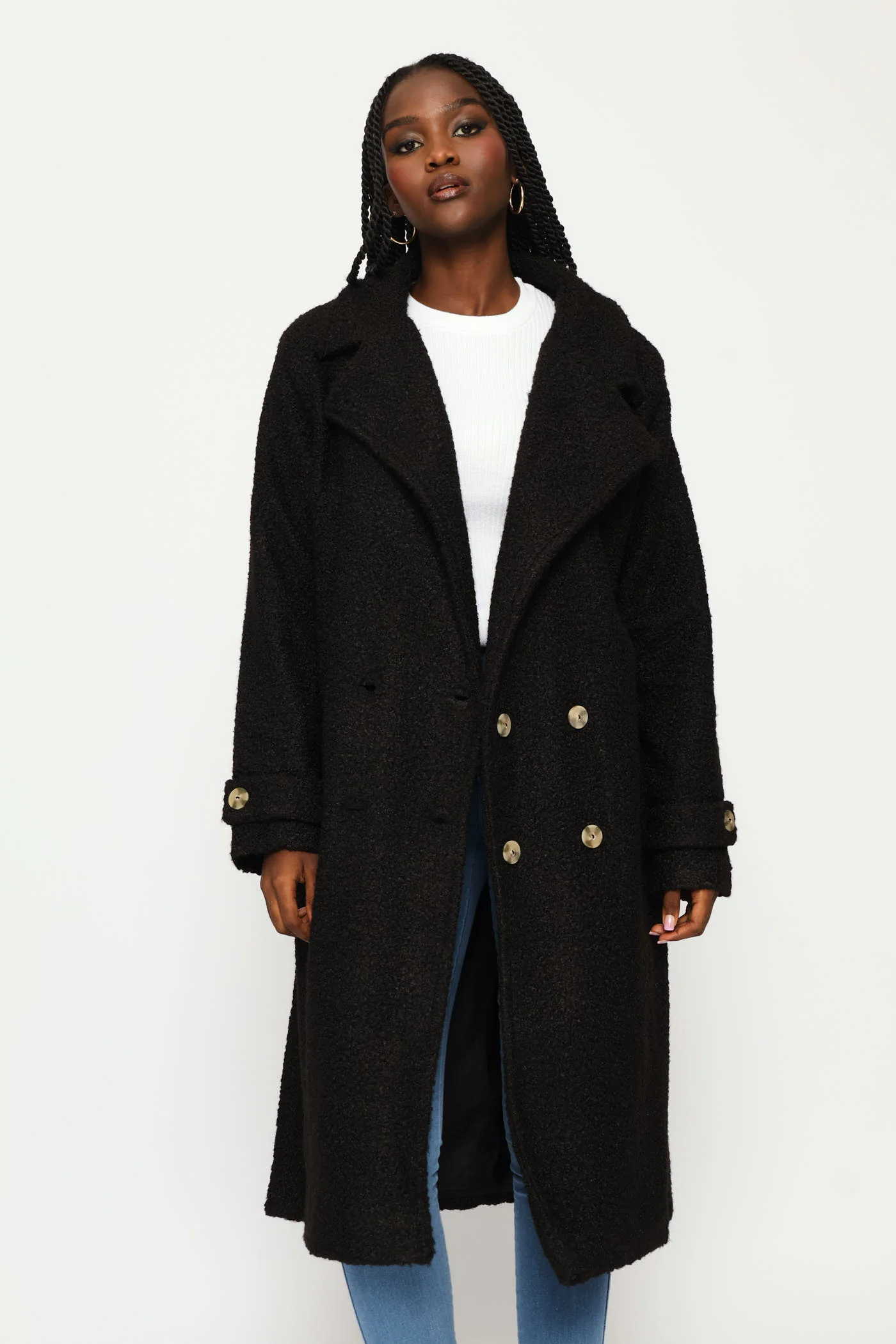 Long Length Boucle Lined Coat - Black - Image 4