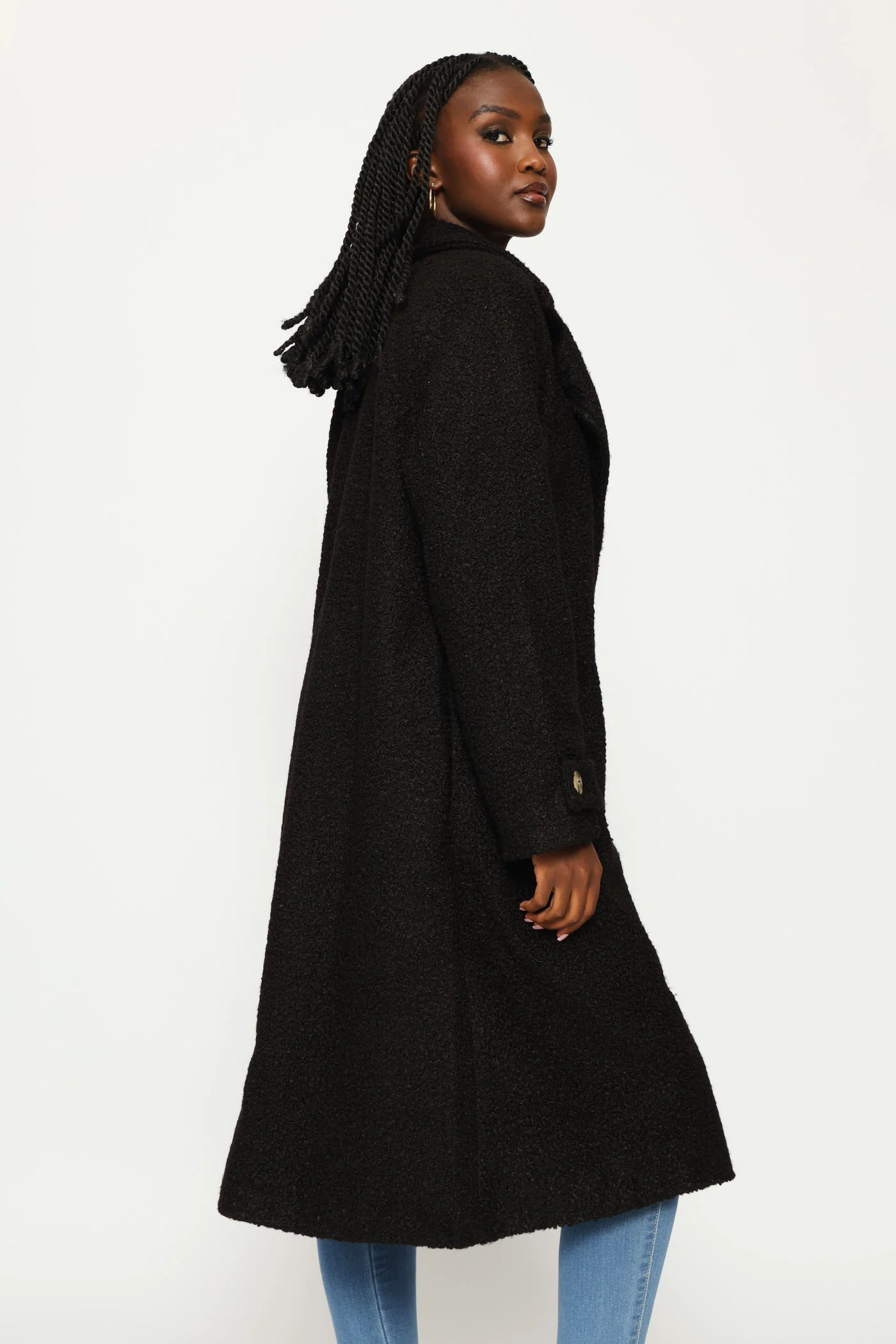 Long Length Boucle Lined Coat - Black - Image 5