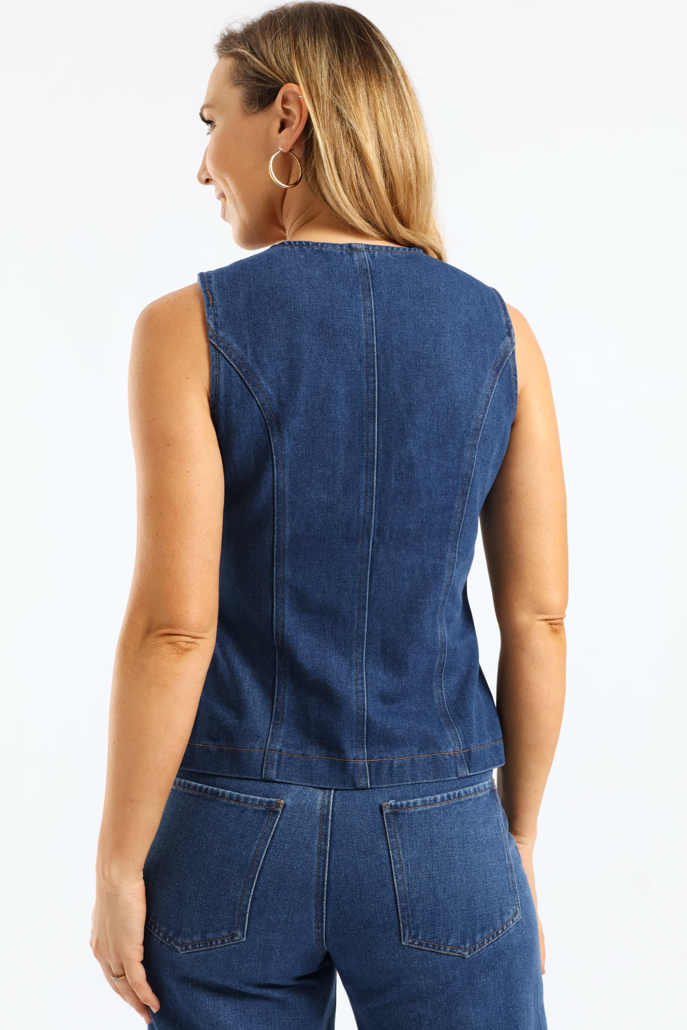 Long Length Denim Waistcoat - Dark Wash - Image 4