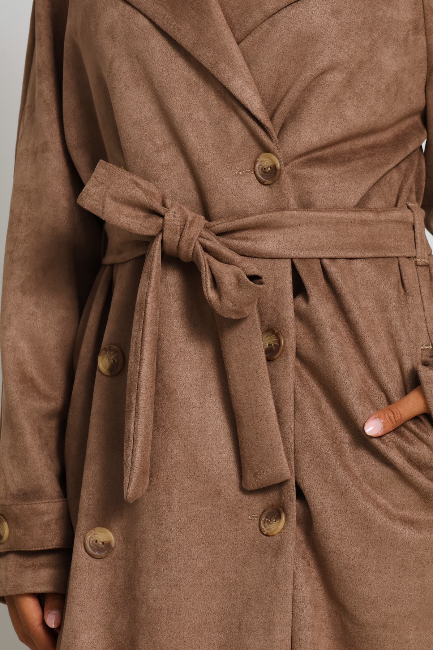 Long Length Double Breasted Suede Trench Coat - Taupe - Image 2