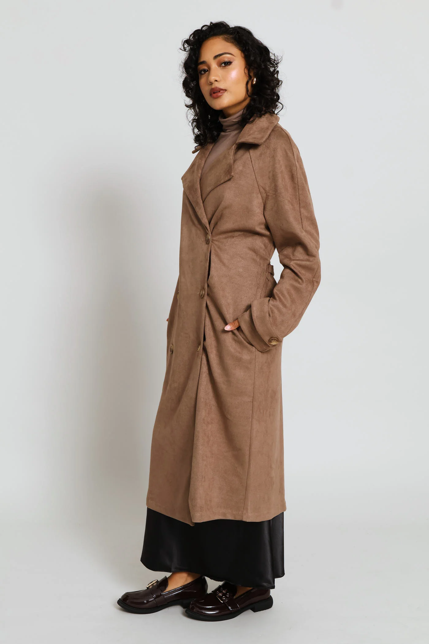 Long Length Double Breasted Suede Trench Coat - Taupe - Image 3