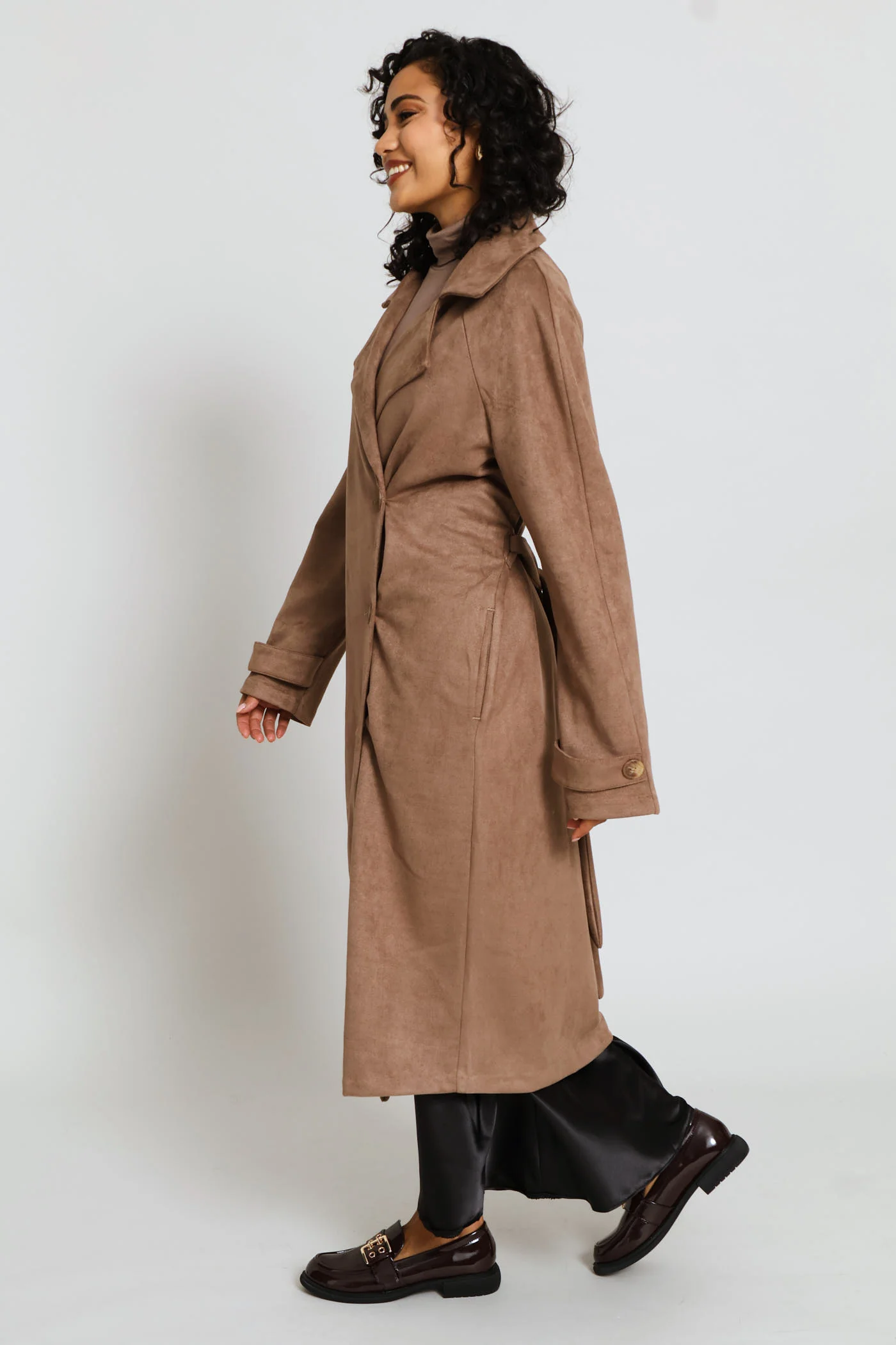 Long Length Double Breasted Suede Trench Coat - Taupe - Image 4
