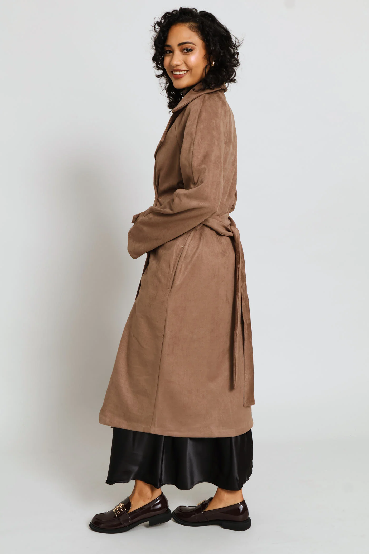Long Length Double Breasted Suede Trench Coat - Taupe - Image 5