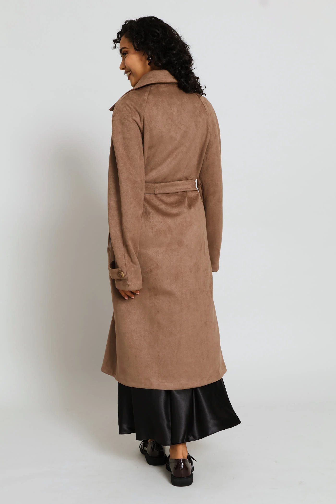 Long Length Double Breasted Suede Trench Coat - Taupe - Image 6