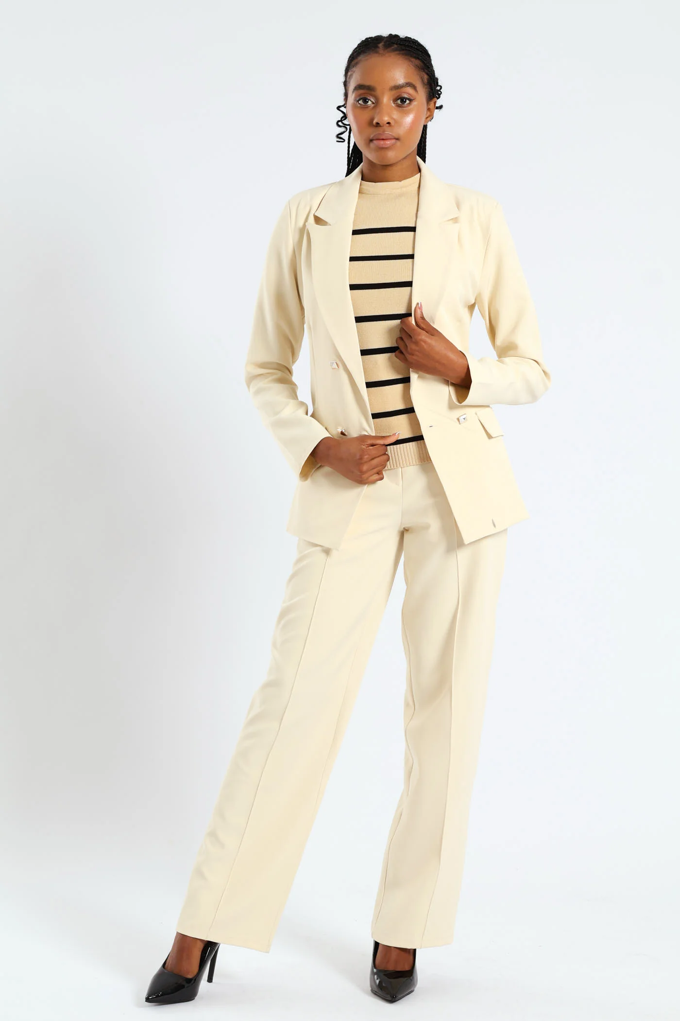 Long Length Double Button Sleeve Blazer - Cream - Image 2