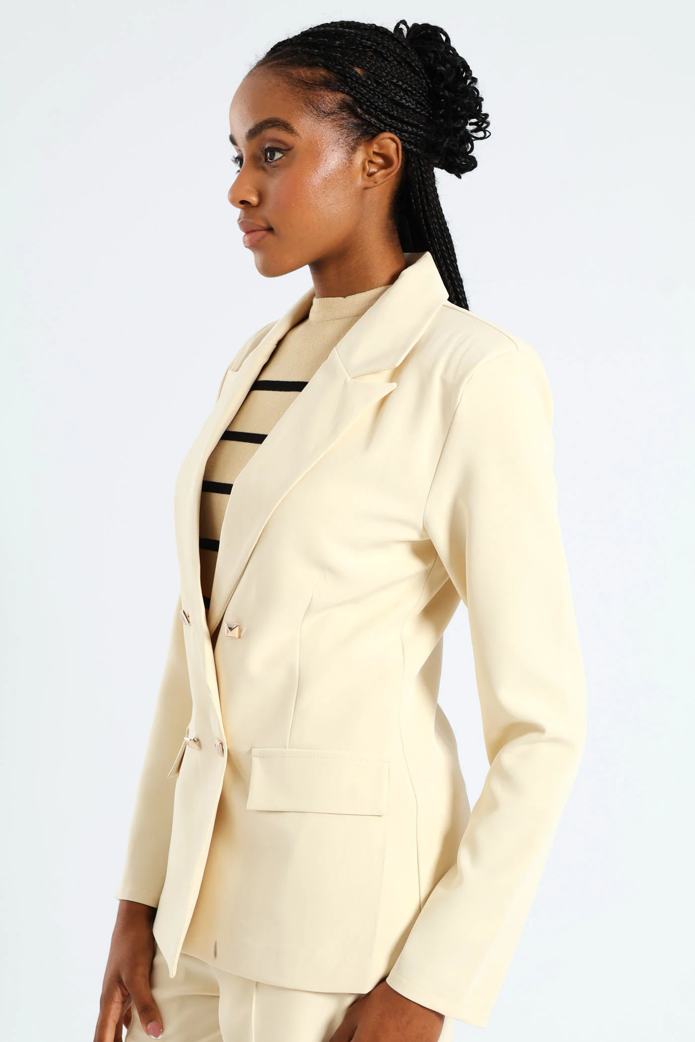 Long Length Double Button Sleeve Blazer - Cream - Image 3