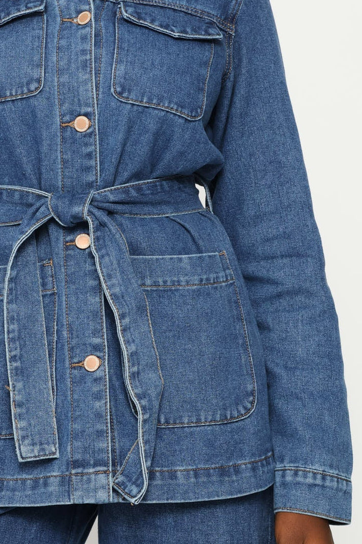 Long Length Self Belt Denim Shacket - Dark Wash - Image 2
